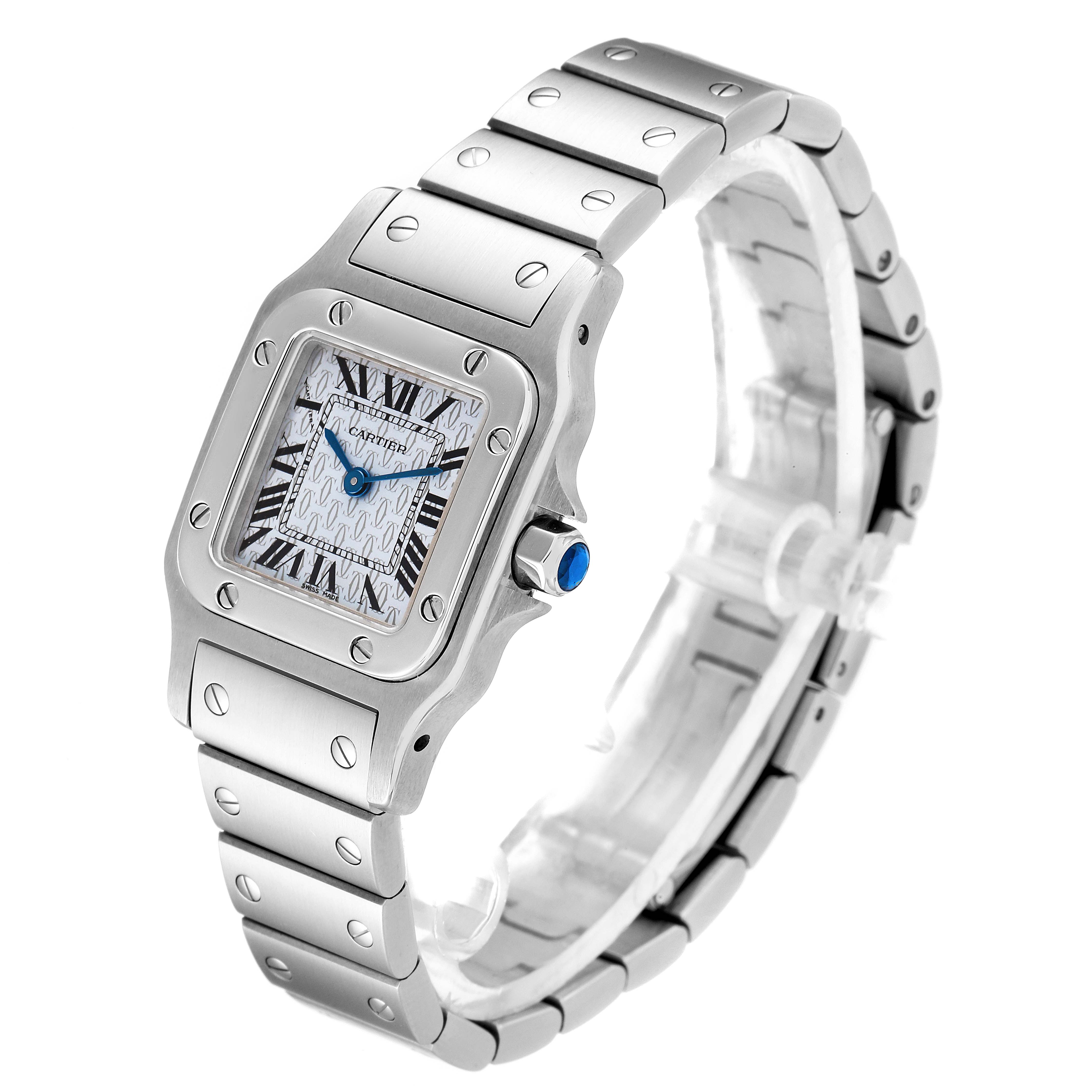 The image shows a side-angled view of a Santos model watch by Cartier, highlighting its face, bezel, and bracelet.