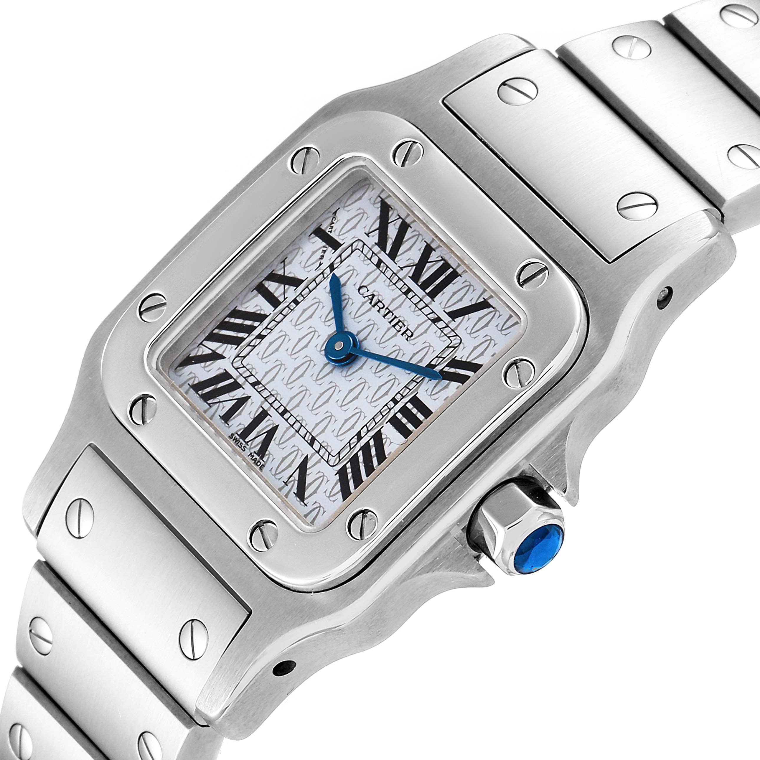 The image shows a close-up angled view of a Cartier Santos W20064D6 Women's Stainless Steel Blue Dial W20064D6 Women's Stainless Steel Blue Dial watch, highlighting the face, bezel, crown, and part of the bracelet.