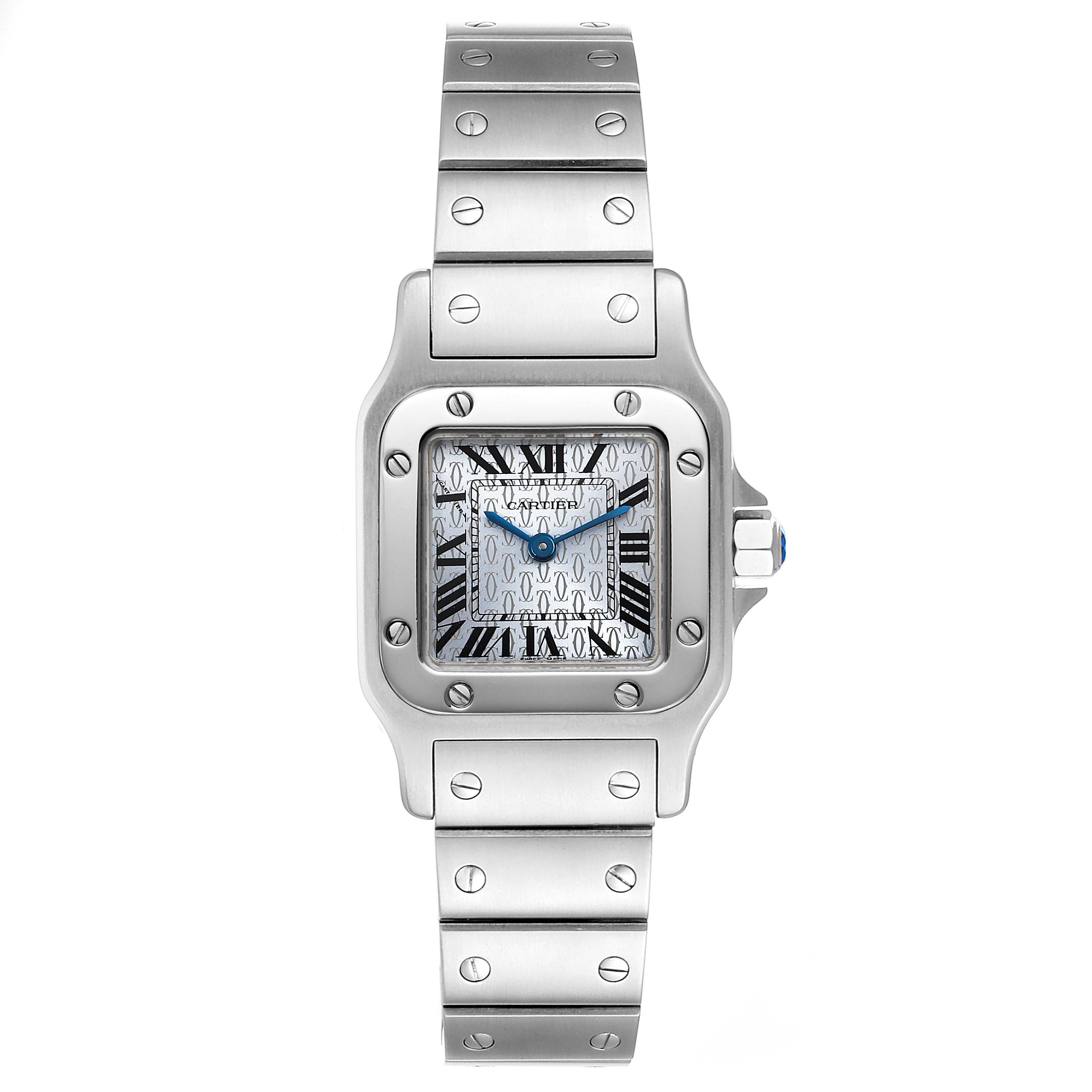 This image shows a full frontal view of the Cartier Santos W20064D6 Women's Stainless Steel Blue Dial W20064D6 Women's Stainless Steel Blue Dial watch, highlighting its face, bezel, and bracelet.