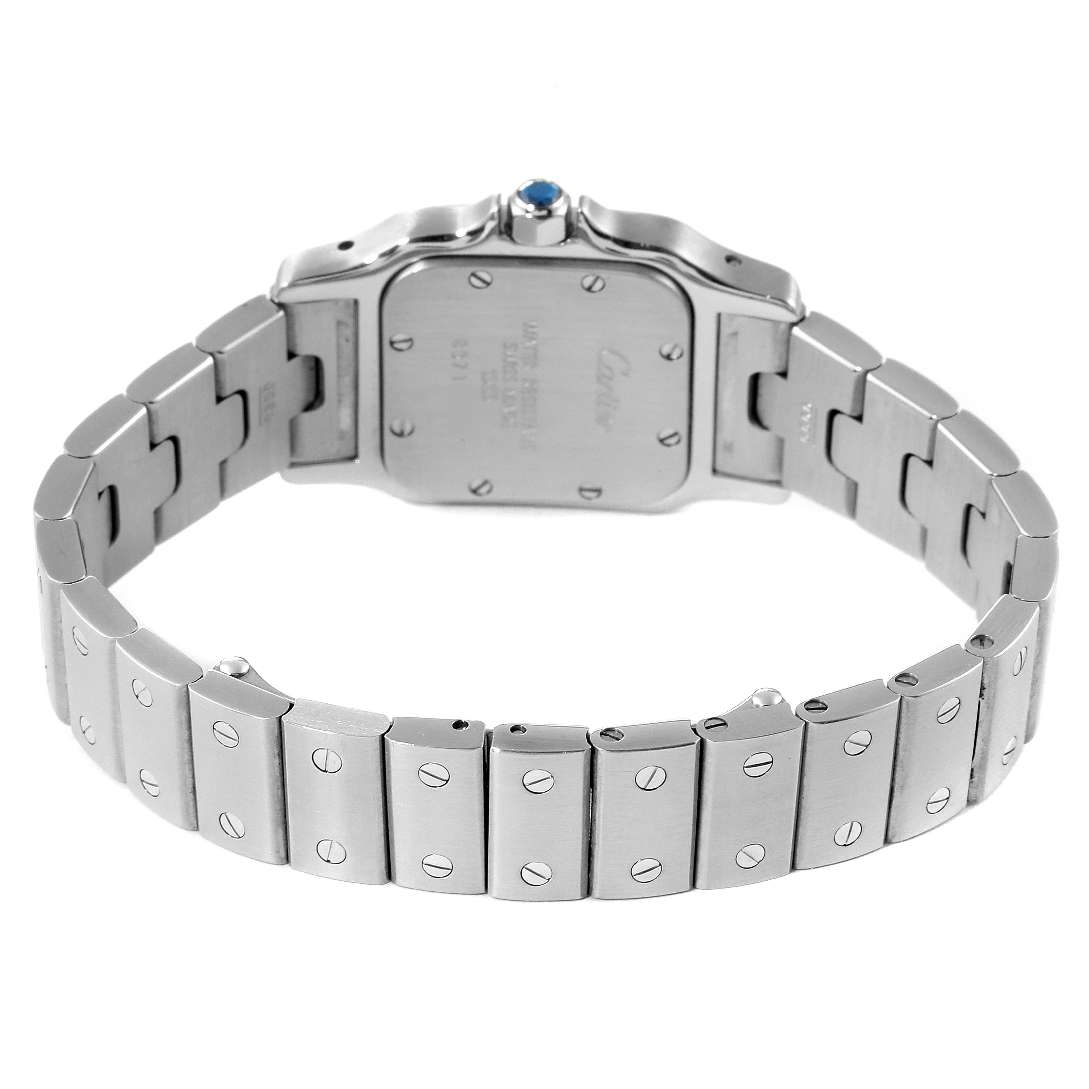 This image shows the back case and bracelet of the Santos model by Cartier.