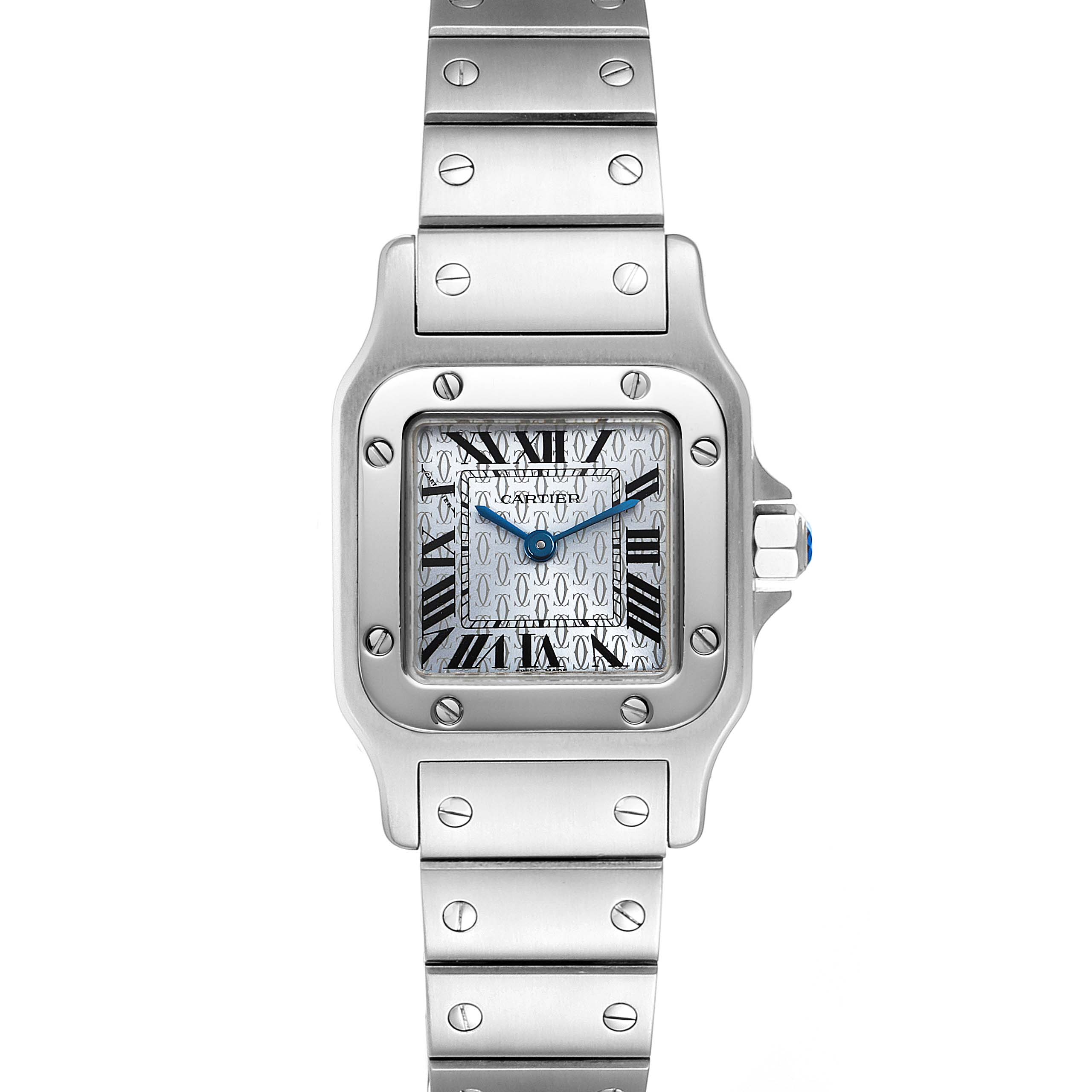 This is a frontal view of the Cartier Santos W20064D6 Women's Stainless Steel Blue Dial W20064D6 Women's Stainless Steel Blue Dial model watch, showing the dial, bezel, and bracelet.