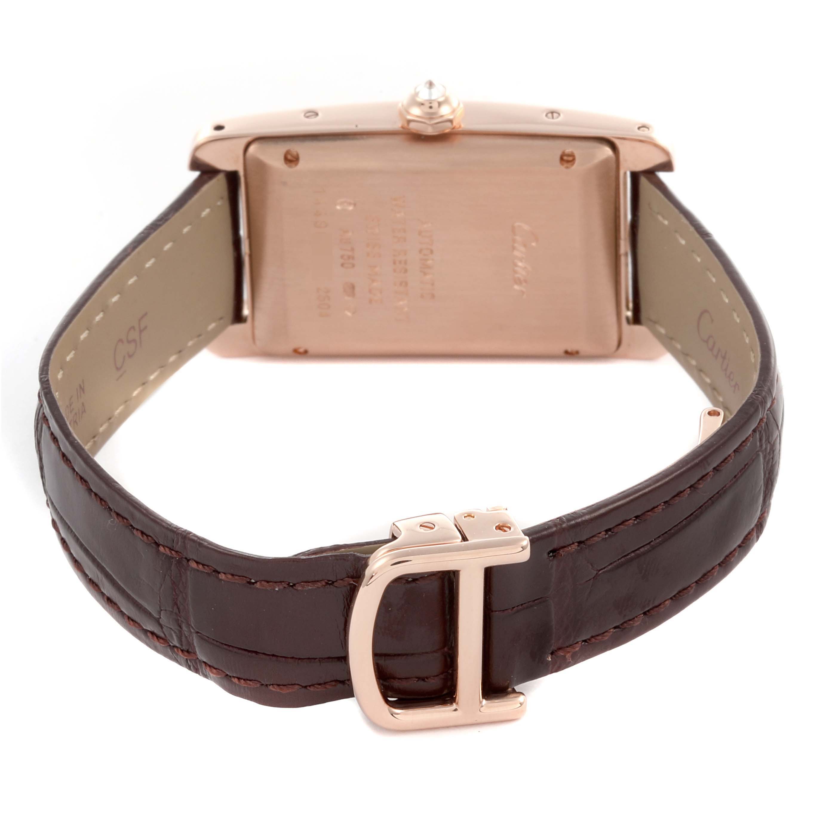 The Cartier Tank Americaine WB704751 Women's Rose Gold Silver Dial WB704751 Women's Rose Gold Silver Dial watch is shown from the back, highlighting the case, strap, and clasp.