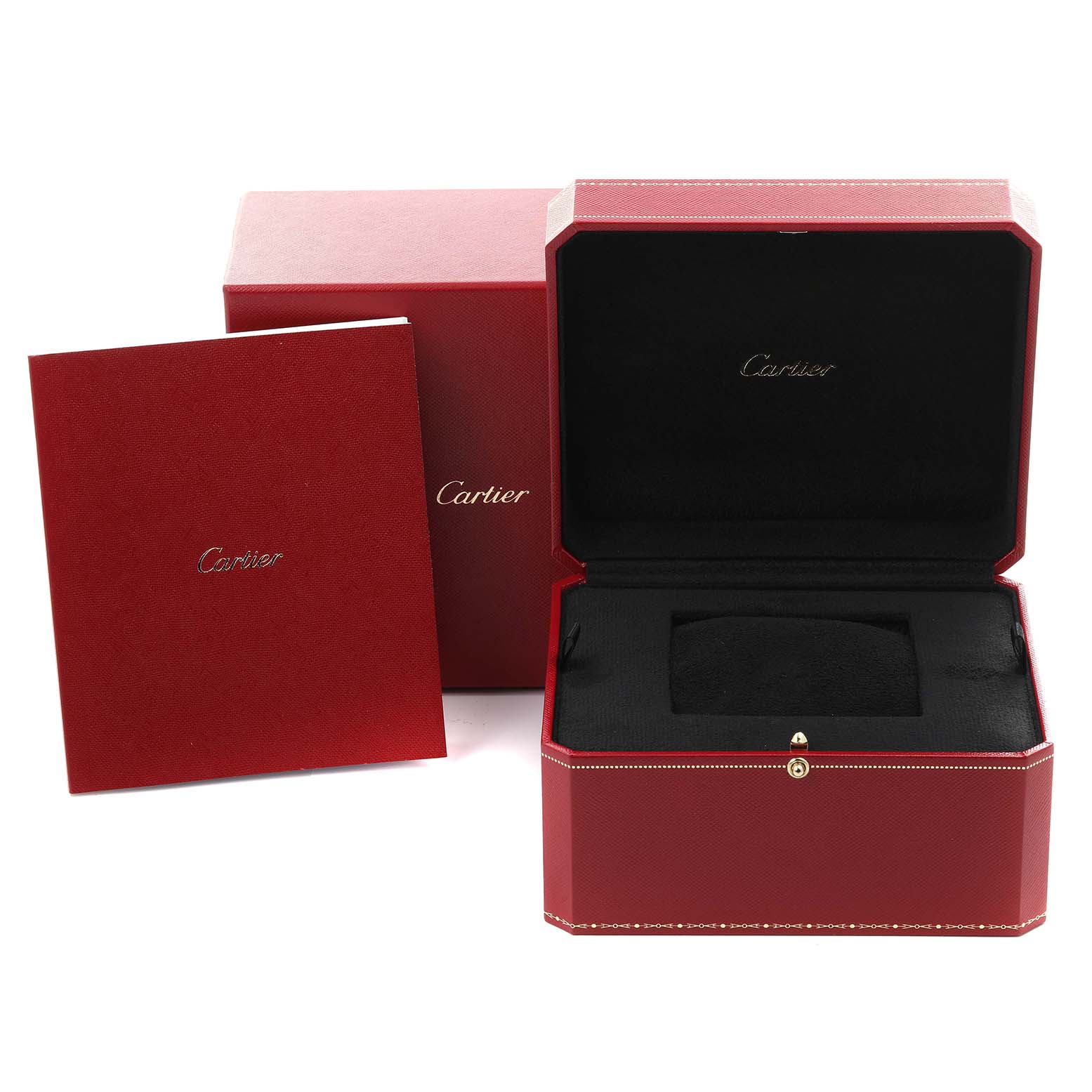 The image shows open and closed red cases and a booklet for the Cartier Tank Americaine WB704751 Women's Rose Gold Silver Dial WB704751 Women's Rose Gold Silver Dial watch, highlighting packaging.
