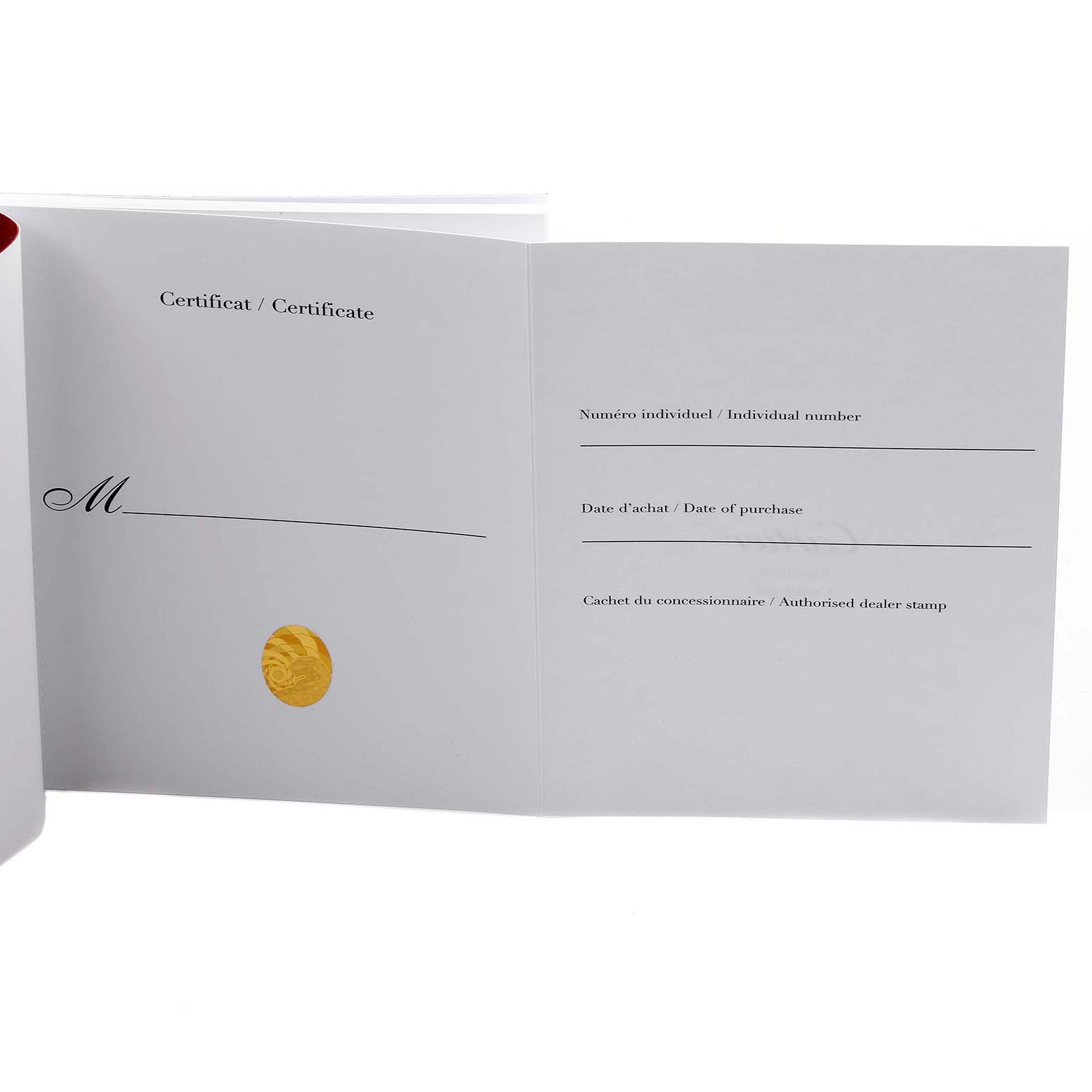 The image shows a certificate for the Cartier Tank Americaine WB704751 Women's Rose Gold Silver Dial WB704751 Women's Rose Gold Silver Dial watch, detailing purchase and dealer information sections.