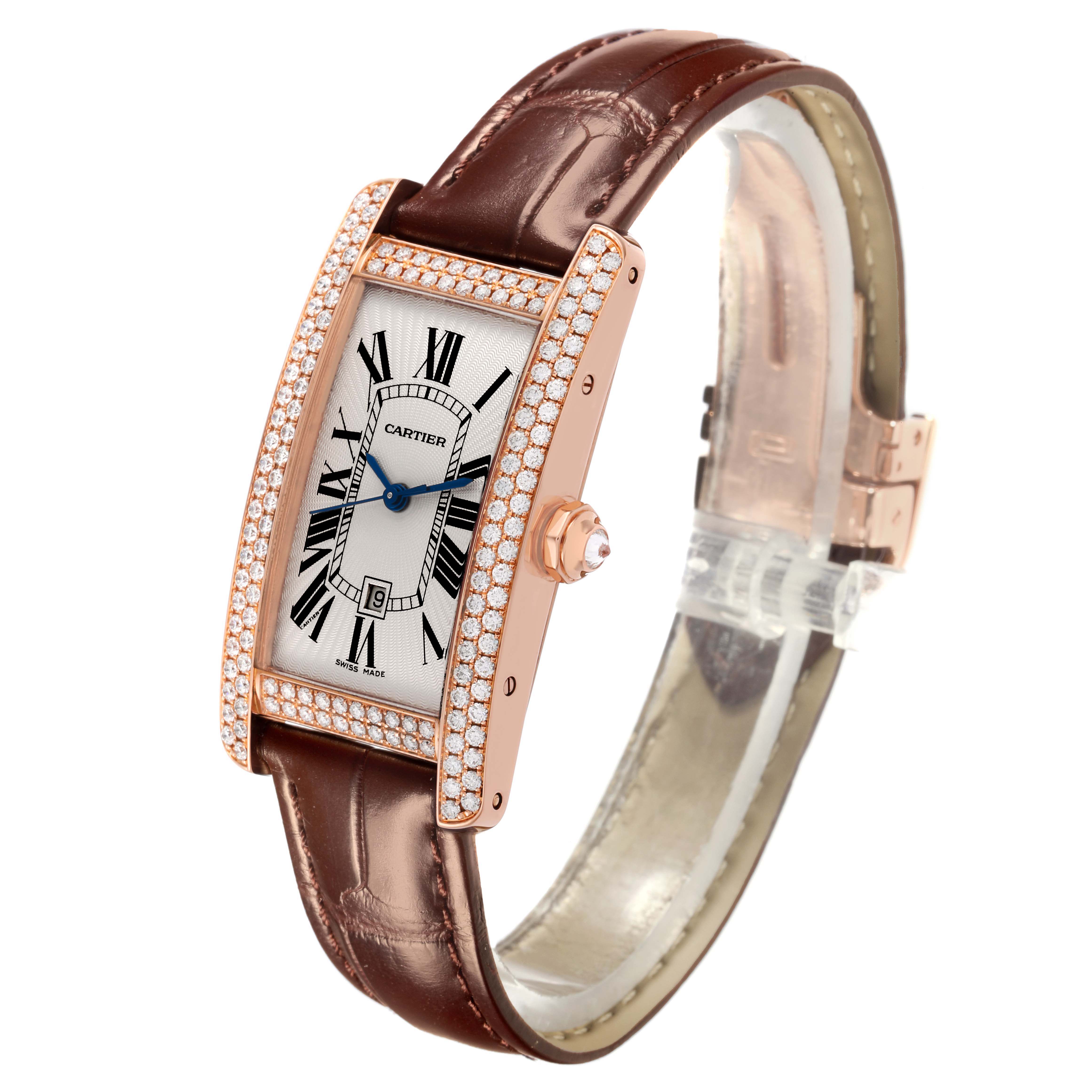 The Cartier Tank Americaine WB704751 Women's Rose Gold Silver Dial WB704751 Women's Rose Gold Silver Dial watch is shown at a three-quarter angle, displaying the face, bezel, crown, and strap.