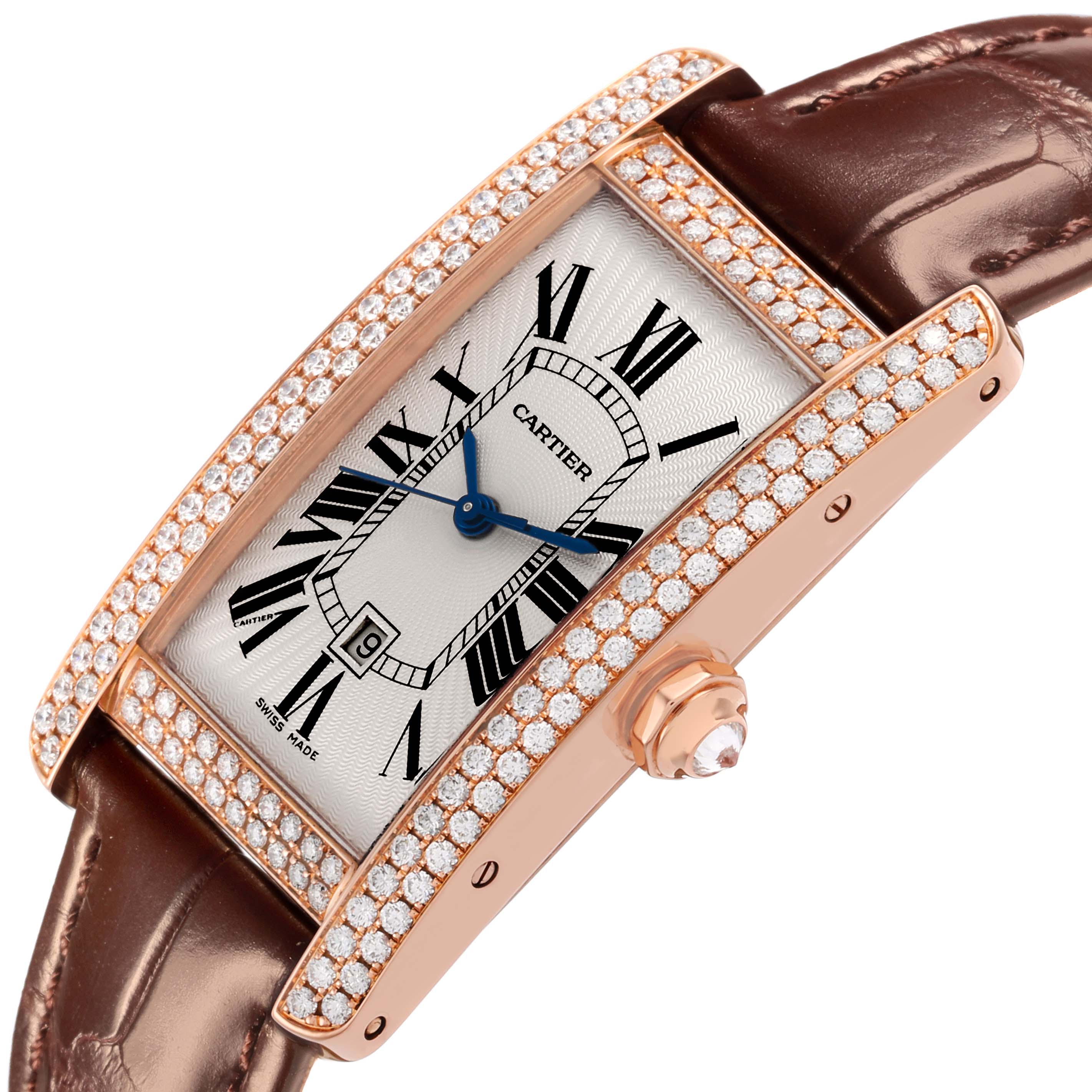 The Cartier Tank Américaine watch is shown at an angled view, highlighting its diamond-studded case, leather strap, and crown.
