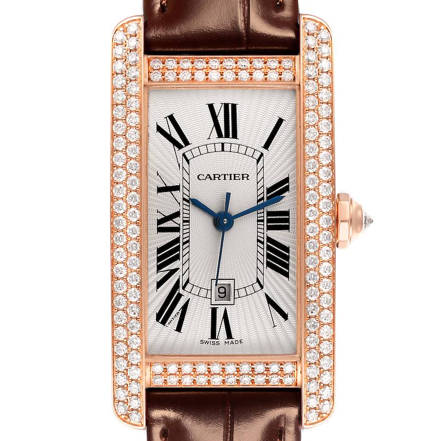 The image shows a front view of the Cartier Tank Américaine watch, highlighting the rectangular dial and diamond-studded bezel.