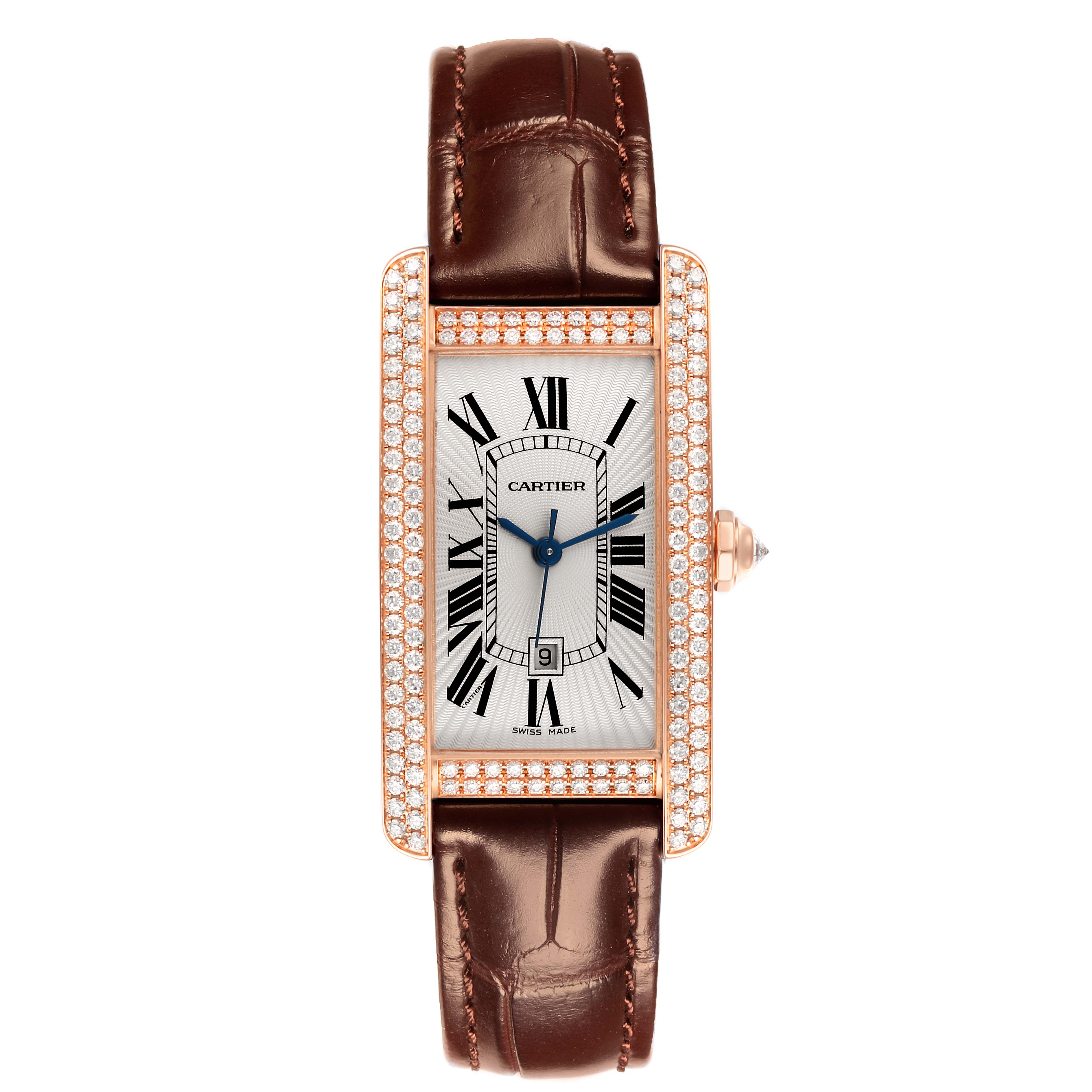 The Cartier Tank Americaine WB704751 Women's Rose Gold Silver Dial WB704751 Women's Rose Gold Silver Dial watch is shown from the front, displaying its face, strap, and diamond-encrusted bezel.