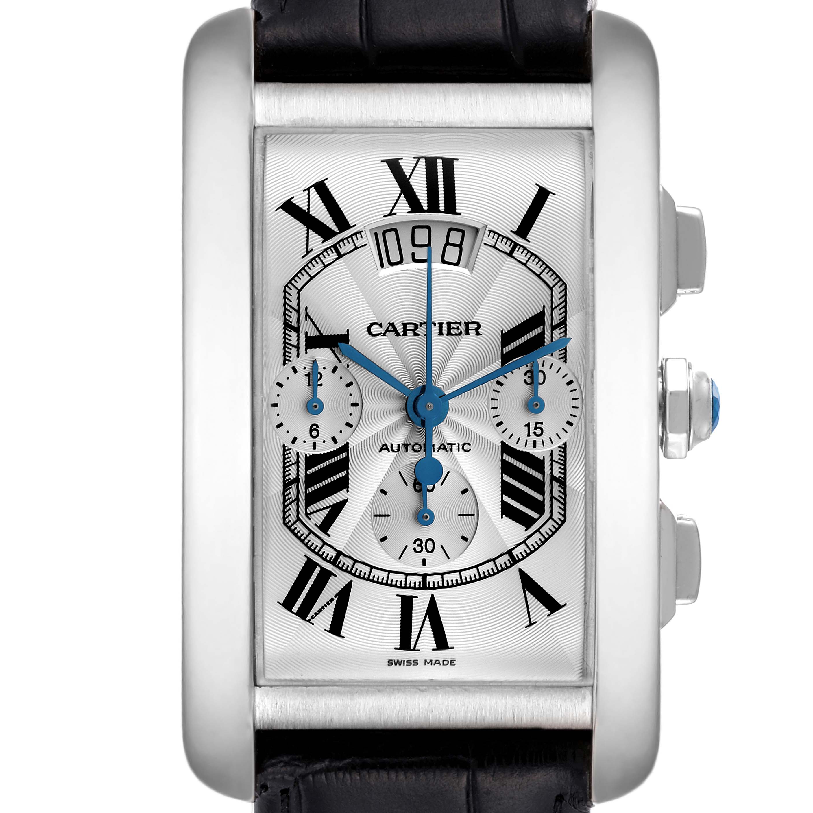 Front view of the Cartier Tank Américaine watch showing the dial, Roman numerals, and chronograph dials.