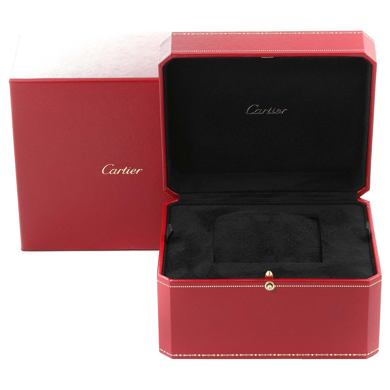 The image shows an open red Cartier box for the Tank Americaine watch, revealing a black interior.