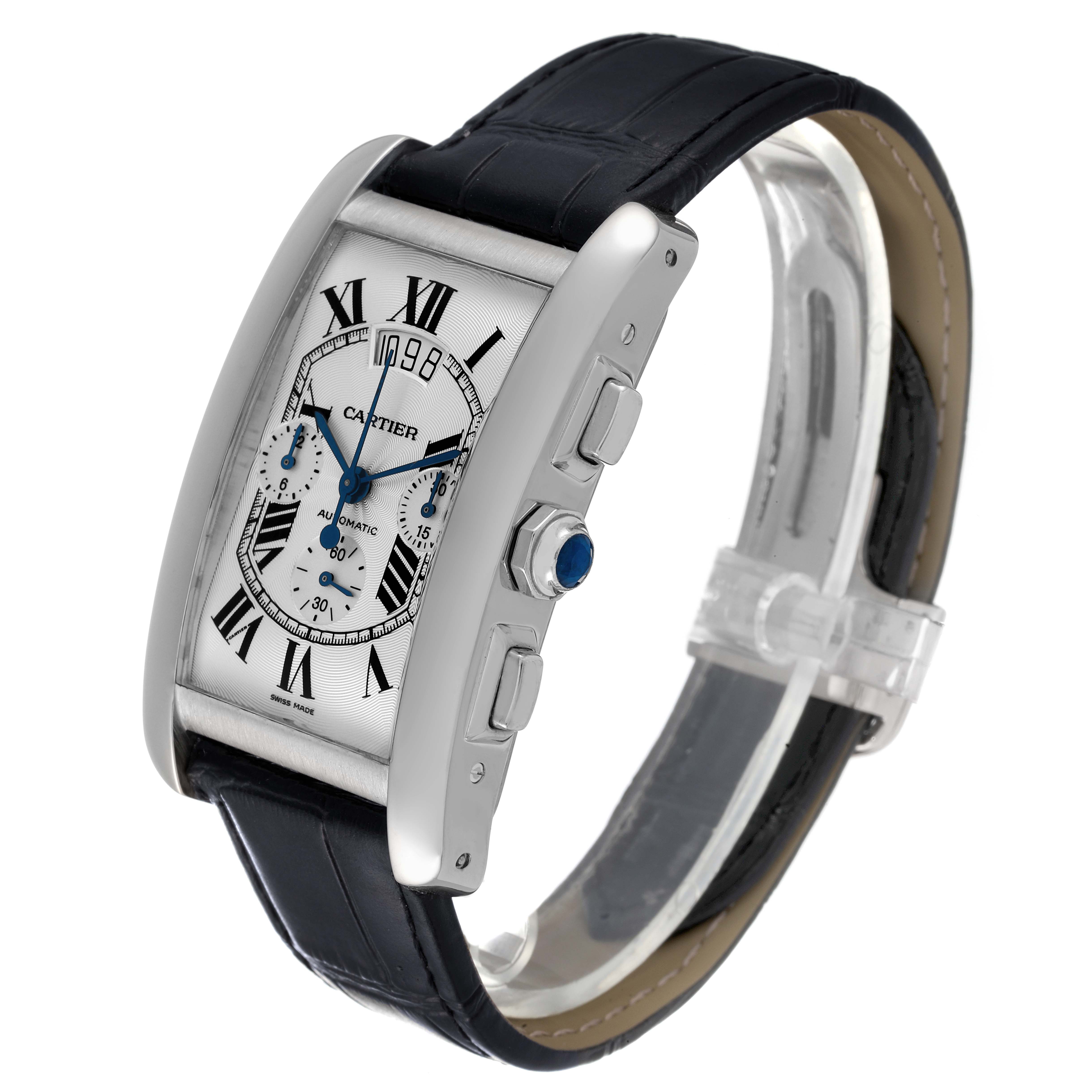 This image shows a Cartier Tank Americaine W2609456 Men's White Gold Silver Dial W2609456 Men's White Gold Silver Dial watch at a slight front angle, highlighting the Roman numerals and leather strap.