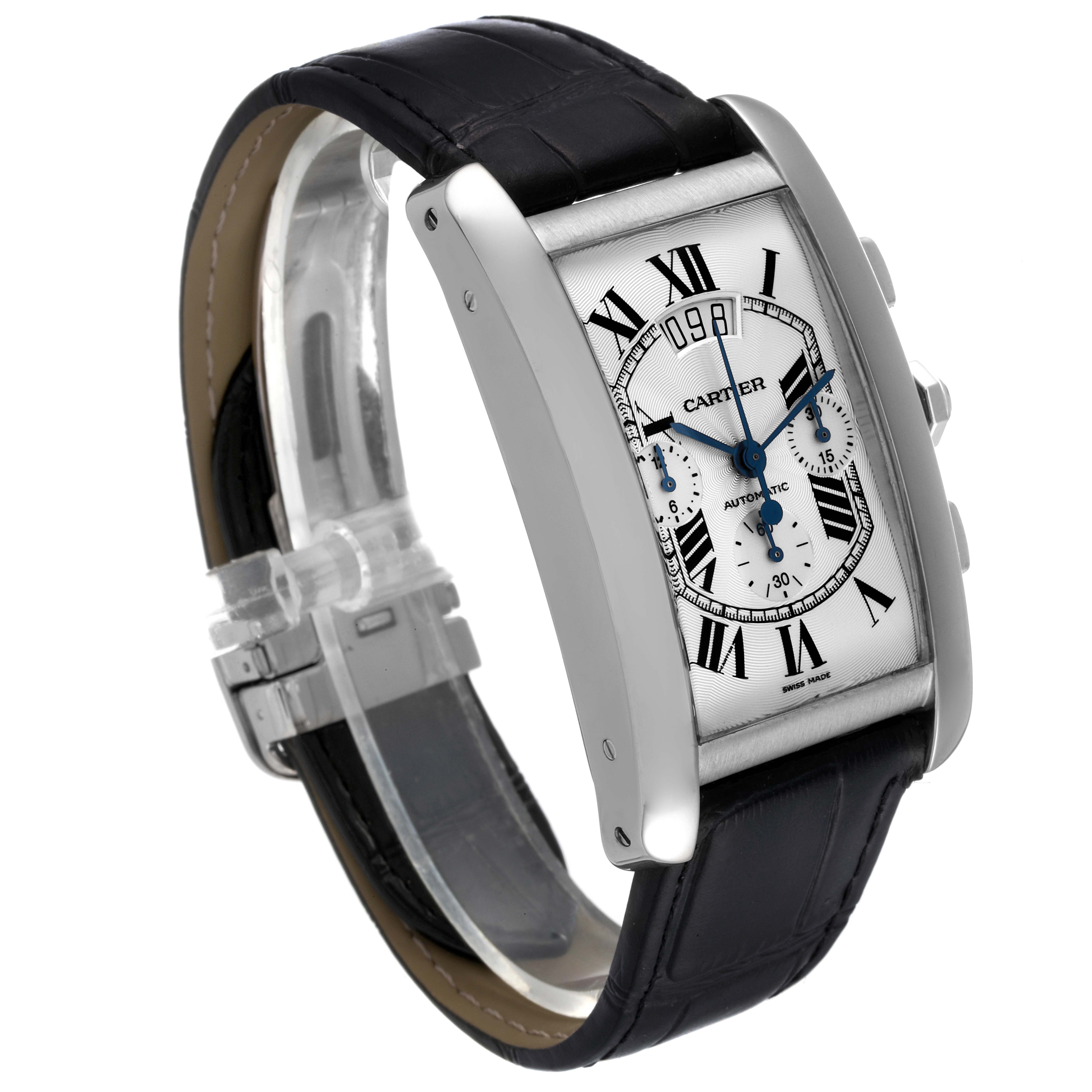 The image shows a Cartier Tank Americaine W2609456 Men's White Gold Silver Dial W2609456 Men's White Gold Silver Dial watch at an angled view, highlighting the face, strap, and side buttons.
