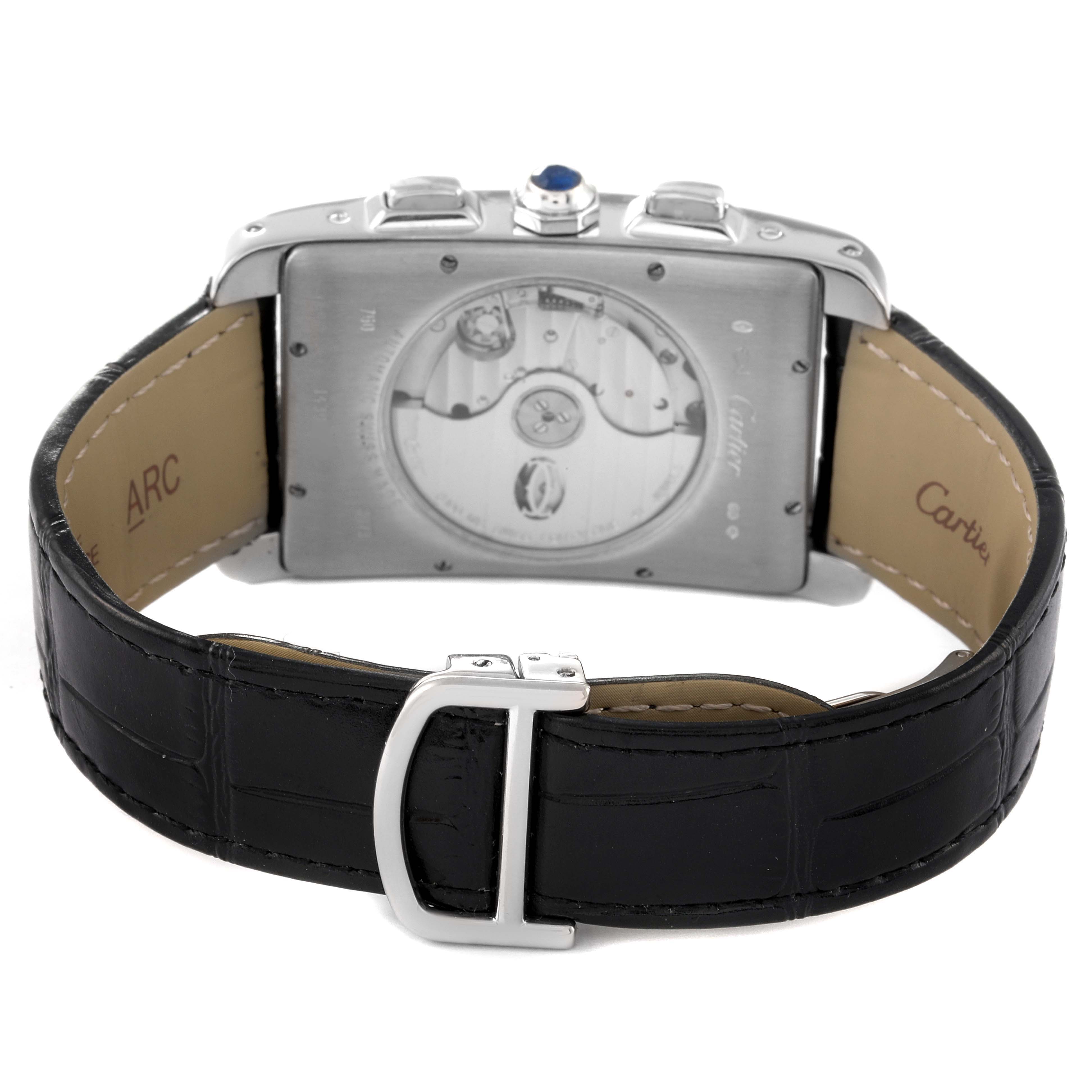 The image shows the back view of the Cartier Tank Americaine W2609456 Men's White Gold Silver Dial W2609456 Men's White Gold Silver Dial watch, highlighting the black leather strap and buckle.