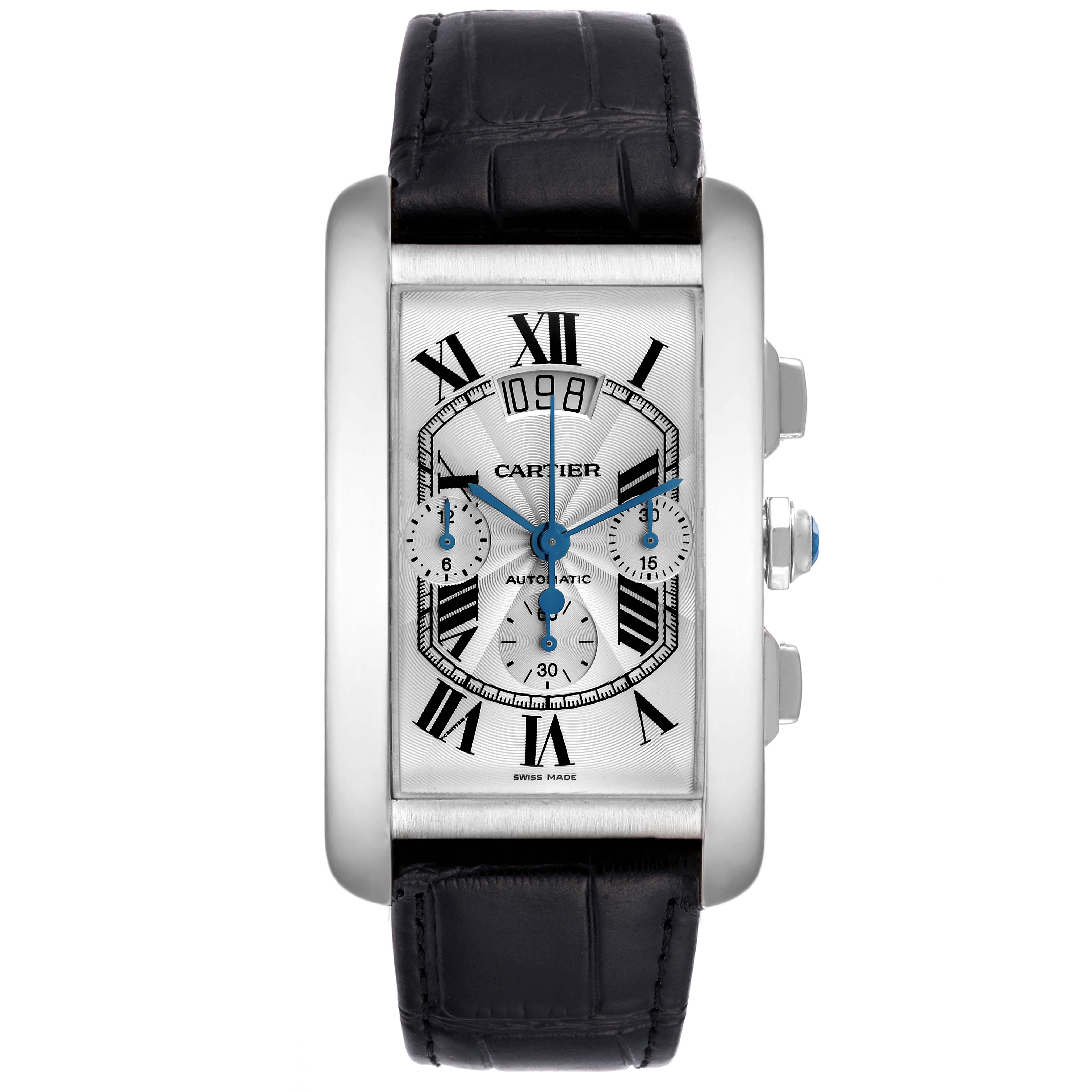 This image shows a front view of a Cartier Tank Americaine W2609456 Men's White Gold Silver Dial W2609456 Men's White Gold Silver Dial watch displaying the face and black leather strap.