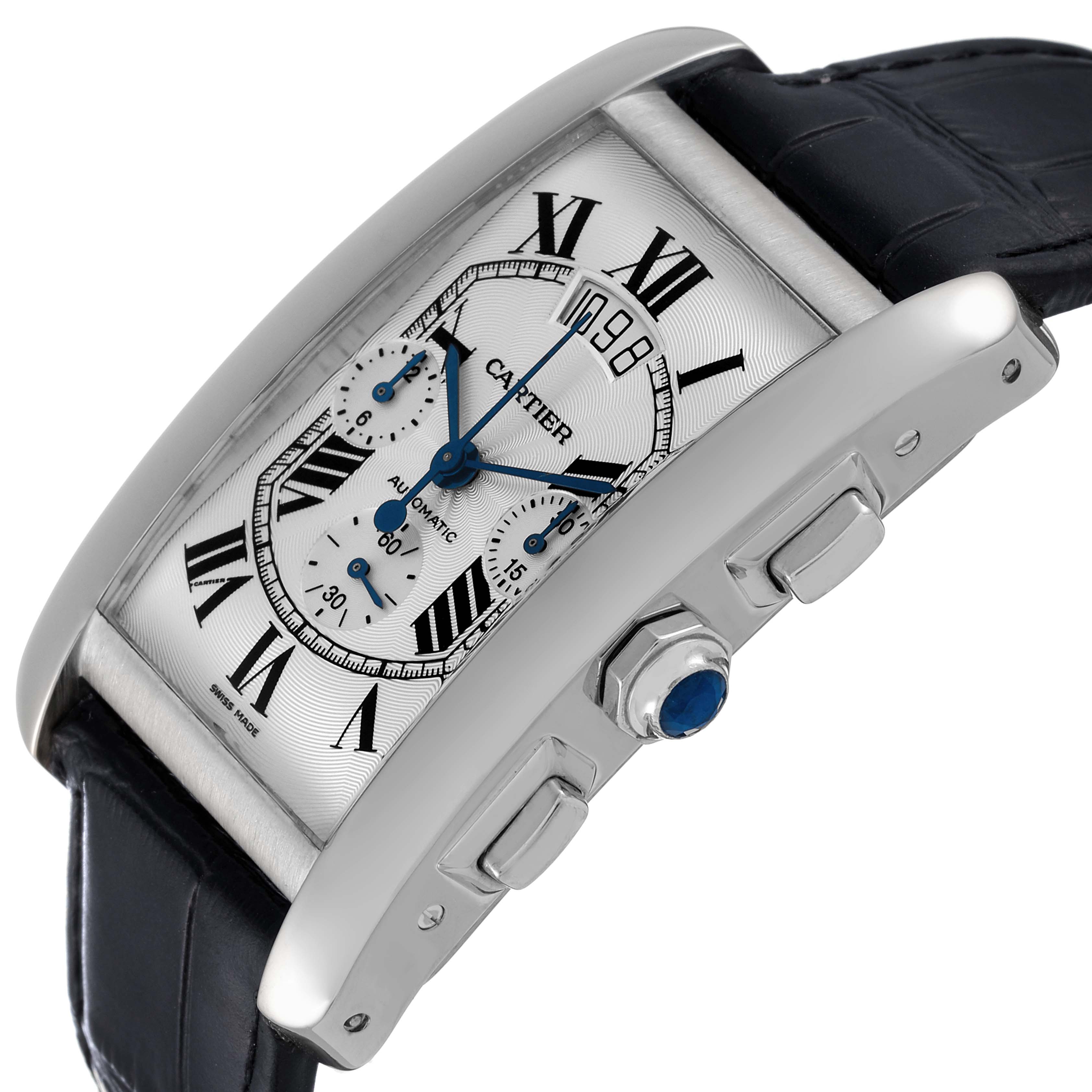 This image shows a side angle of the Cartier Tank Americaine W2609456 Men's White Gold Silver Dial W2609456 Men's White Gold Silver Dial watch, highlighting its dial, crown, and pushers.