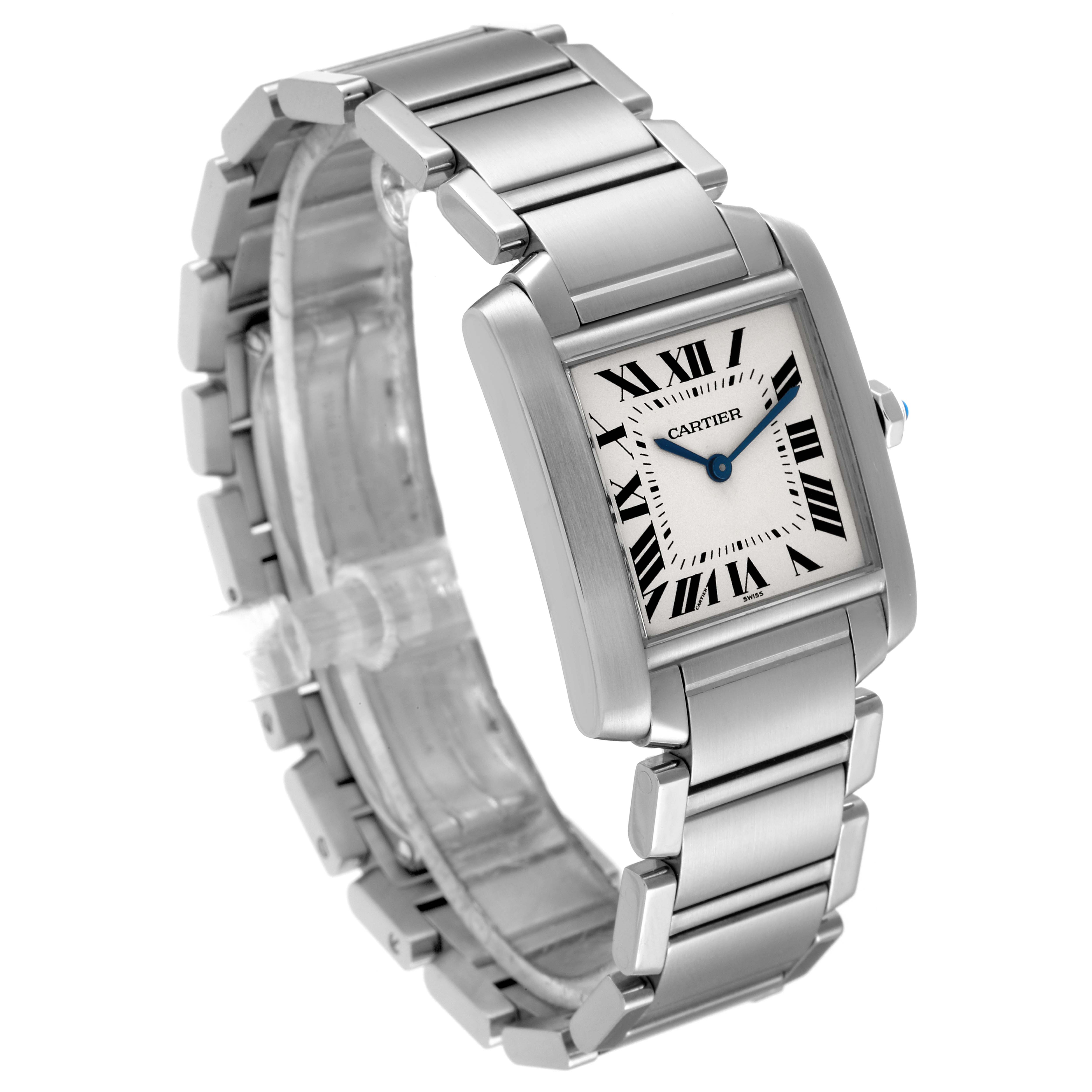 The image shows a side-angle view of the Tank Française by Cartier, displaying the bracelet, face, and crown.