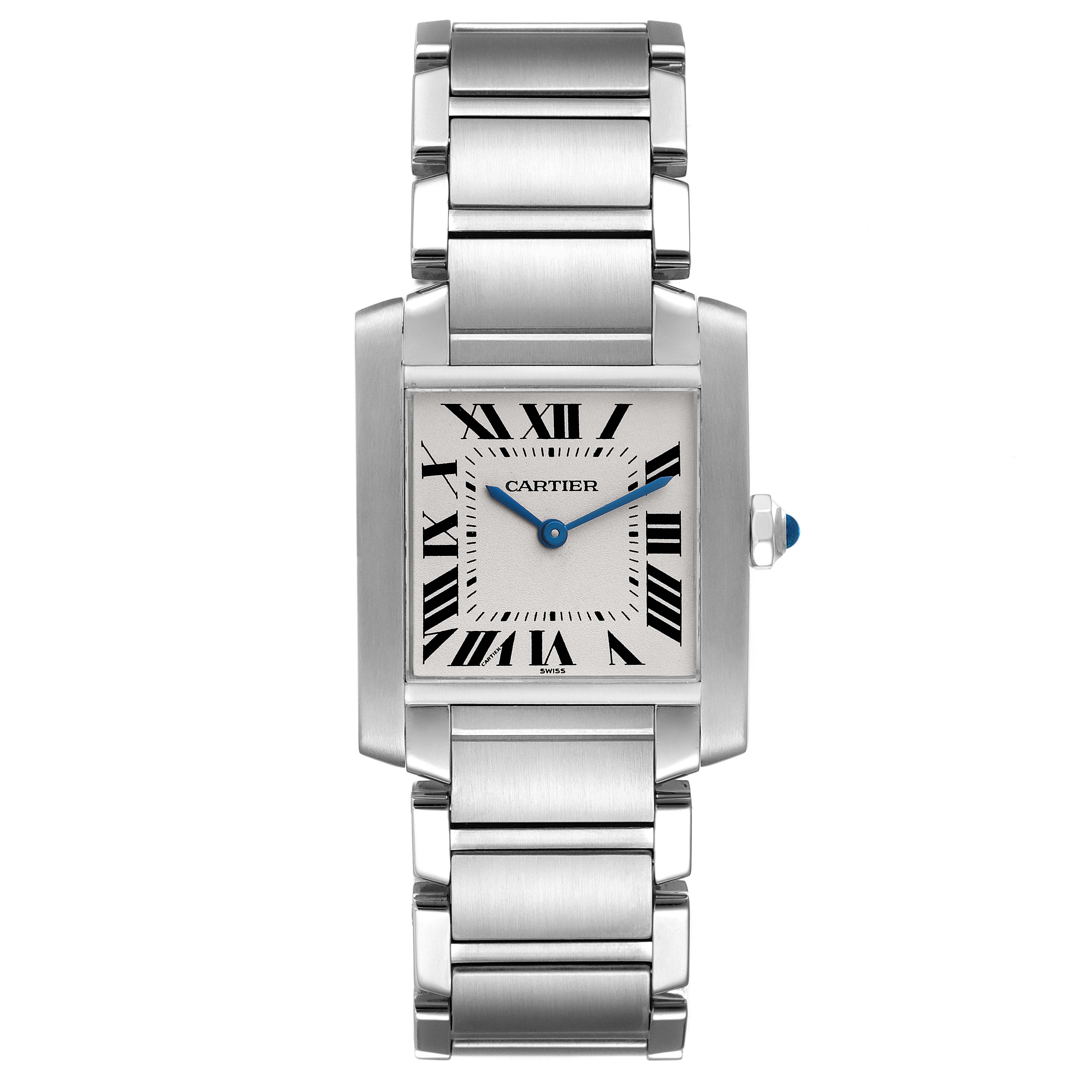 The image shows a Cartier Tank Francaise W51003Q3 Women's Stainless Steel Silver Dial W51003Q3 Women's Stainless Steel Silver Dial watch from a front angle, detailing its square face, Roman numerals, and metal bracelet.