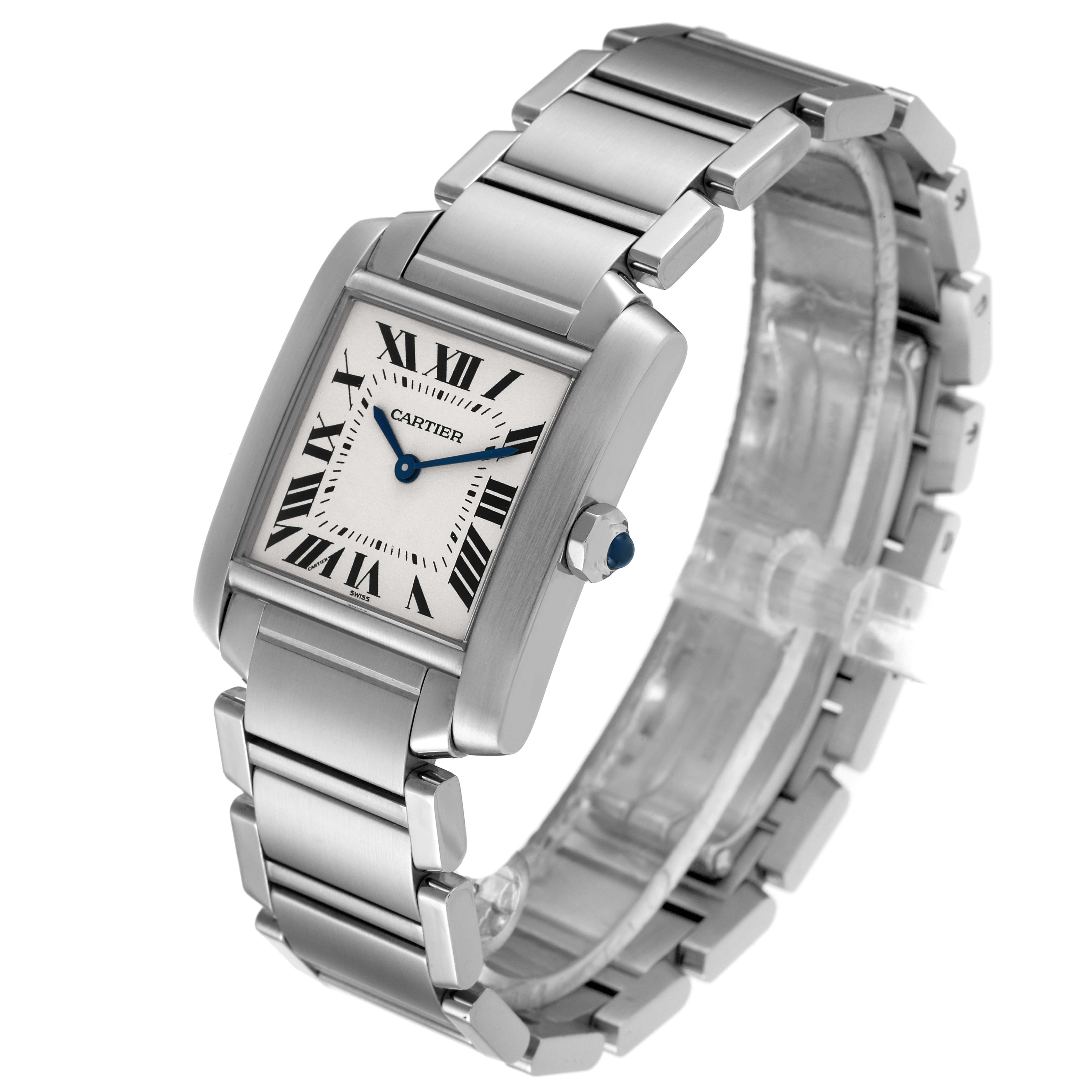 The Cartier Tank Francaise W51003Q3 Women's Stainless Steel Silver Dial W51003Q3 Women's Stainless Steel Silver Dial watch is shown at a tilted angle, displaying the face, bracelet, and crown.