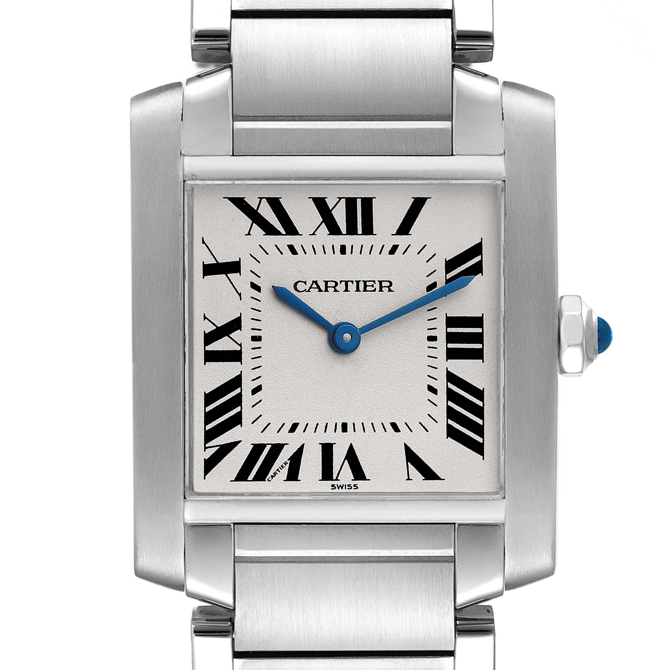 The image shows a close-up front view of a Cartier Tank Francaise W51003Q3 Women's Stainless Steel Silver Dial W51003Q3 Women's Stainless Steel Silver Dial watch, highlighting its rectangular face and Roman numeral indices.