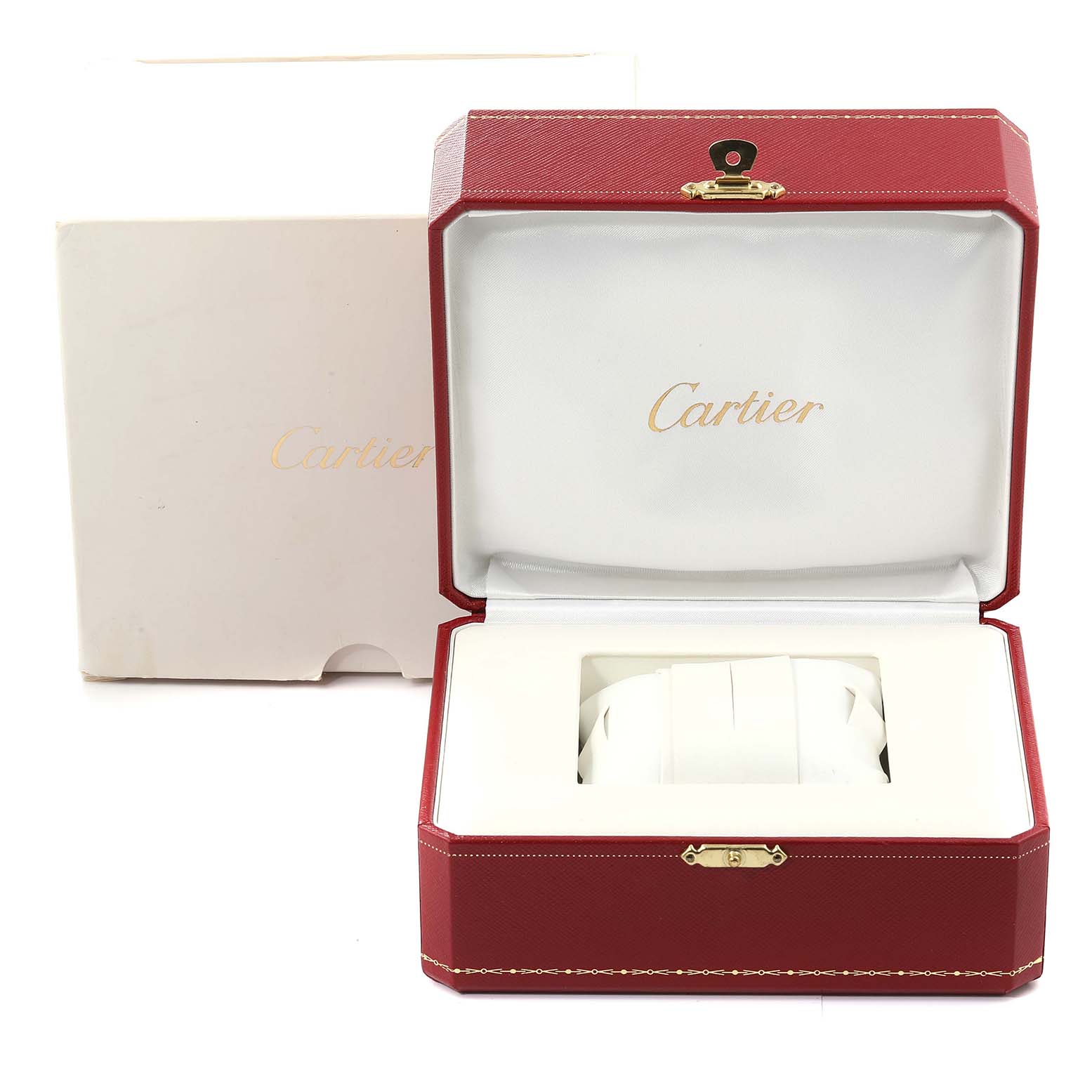 The image shows the Cartier Tank Francaise W51012Q4 Women's Steel and Gold (two tone) Silver Dial W51012Q4 Women's Steel and Gold (two tone) Silver Dial watch box open with packaging, displaying the interior cushion.