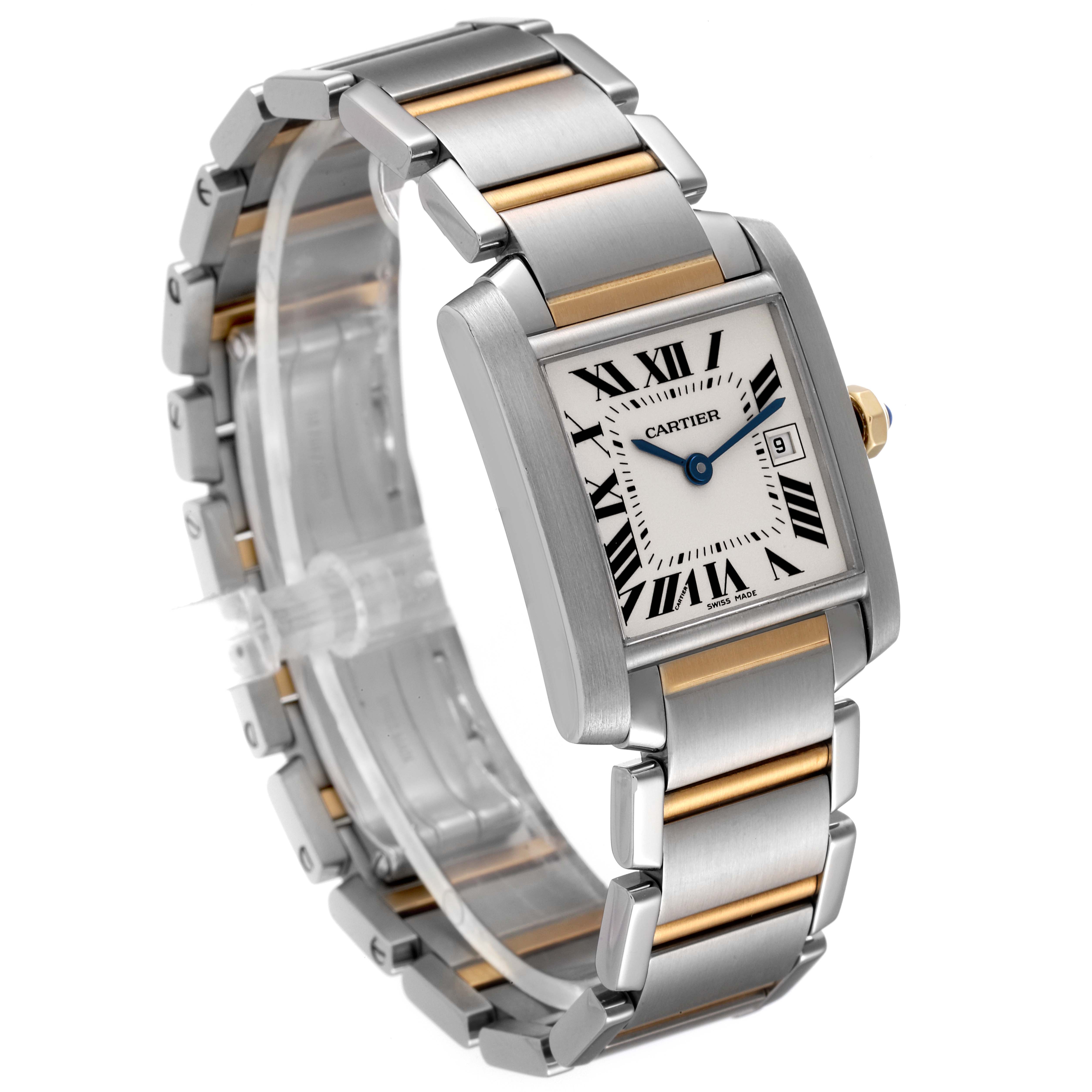 The image shows a Cartier Tank Francaise W51012Q4 Women's Steel and Gold (two tone) Silver Dial W51012Q4 Women's Steel and Gold (two tone) Silver Dial watch angled to display the face, bracelet, and side view of the case.