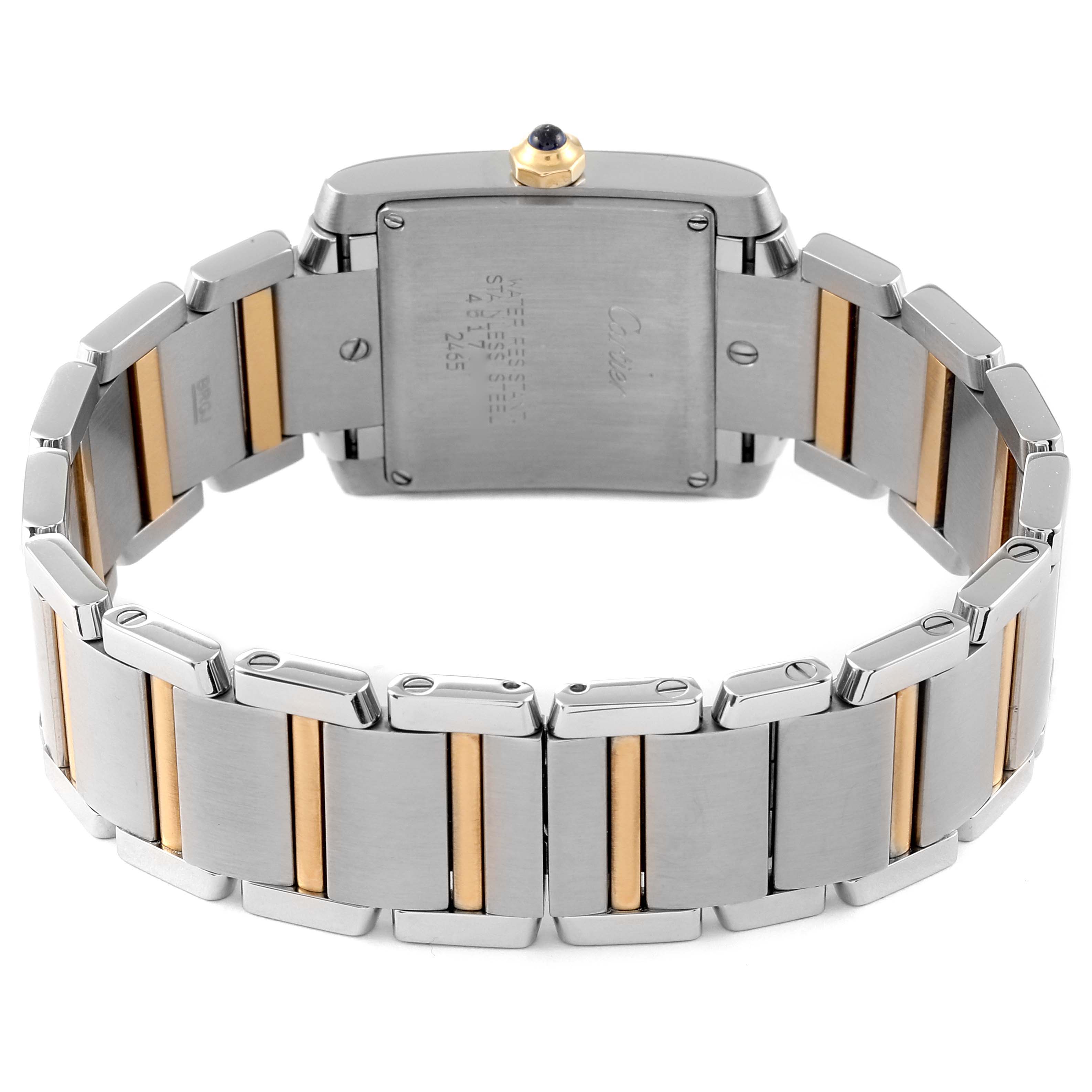 The image shows the back view of a Cartier Tank Française watch, highlighting the stainless steel and gold bracelet.