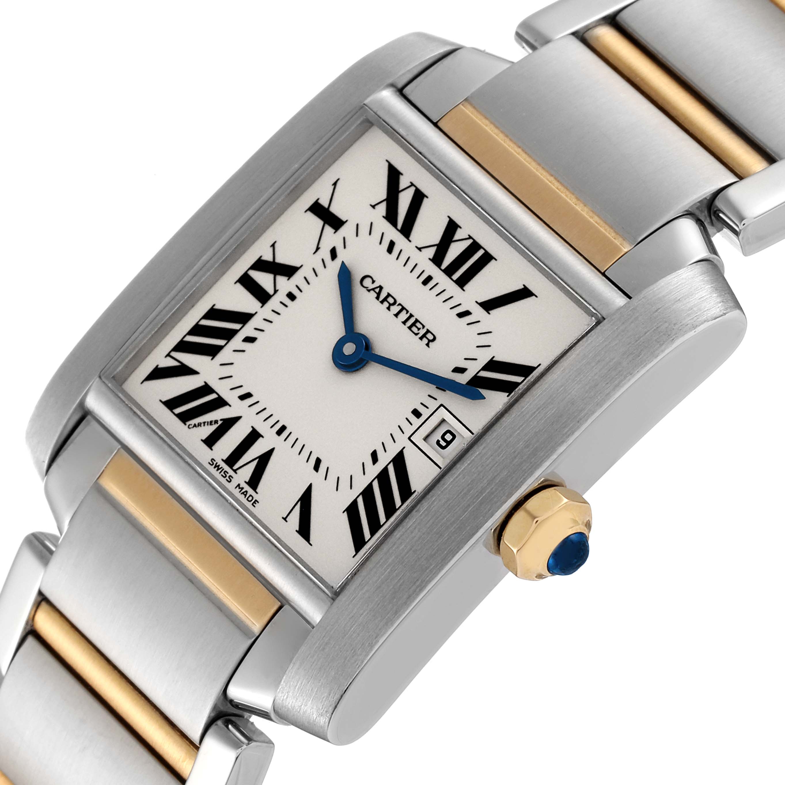 The Cartier Tank Francaise W51012Q4 Women's Steel and Gold (two tone) Silver Dial W51012Q4 Women's Steel and Gold (two tone) Silver Dial watch is shown at an angled close-up, revealing the dial, crown, and part of the bracelet.