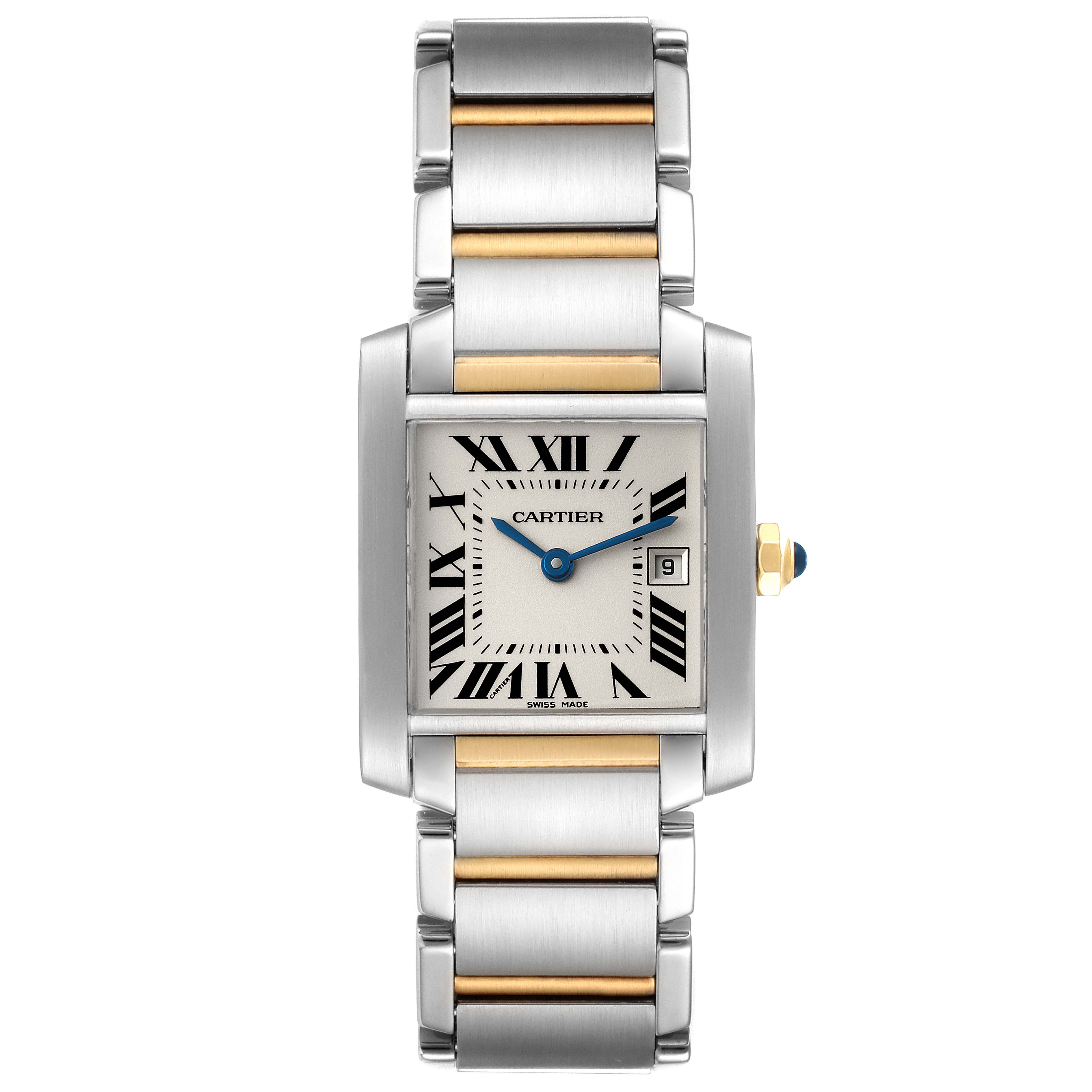 This image shows a frontal view of the Cartier Tank Française watch, displaying its rectangular dial and metal bracelet.
