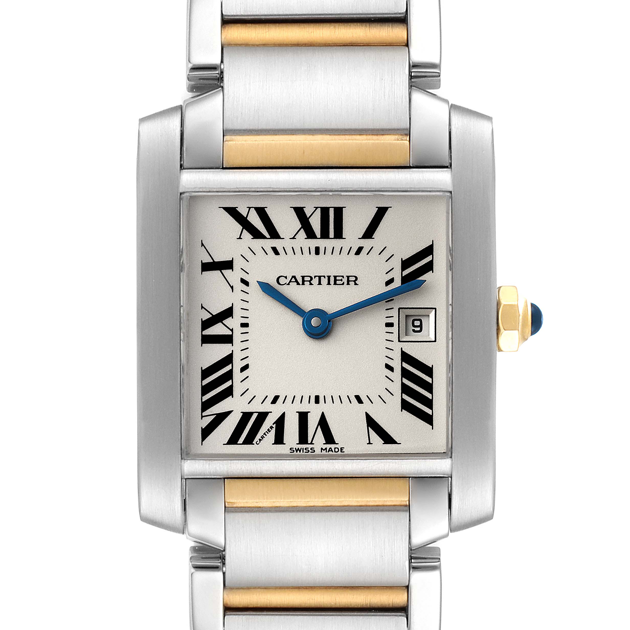This image shows a close-up, front view of a Cartier Tank Française watch with a date display and a two-tone bracelet.