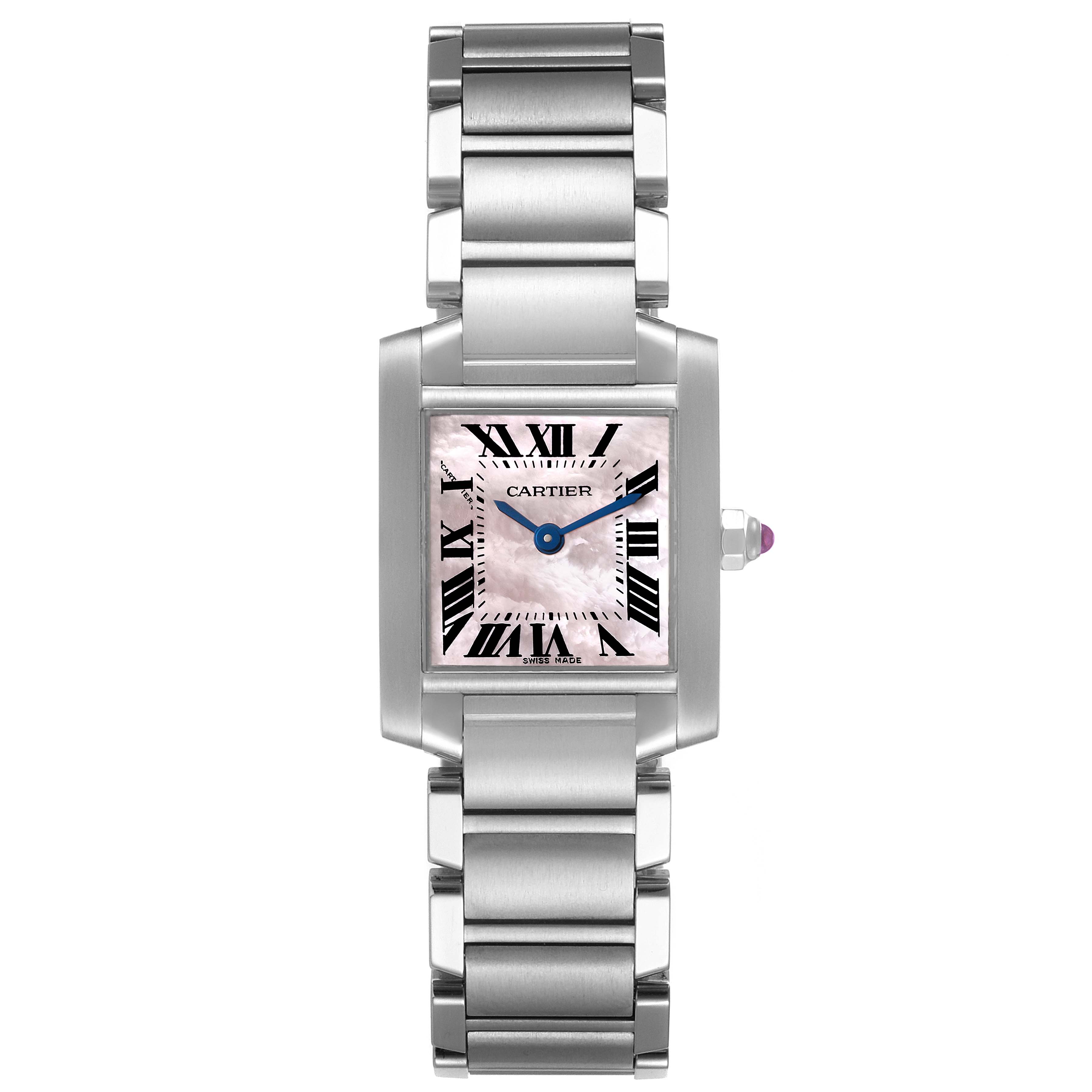 The image shows a front view of the Cartier Tank Francaise W51028Q3 Women's Stainless Steel Mother of Pearl Dial W51028Q3 Women's Stainless Steel Mother of Pearl Dial watch, highlighting its rectangular face, metal bracelet, and blue hands.