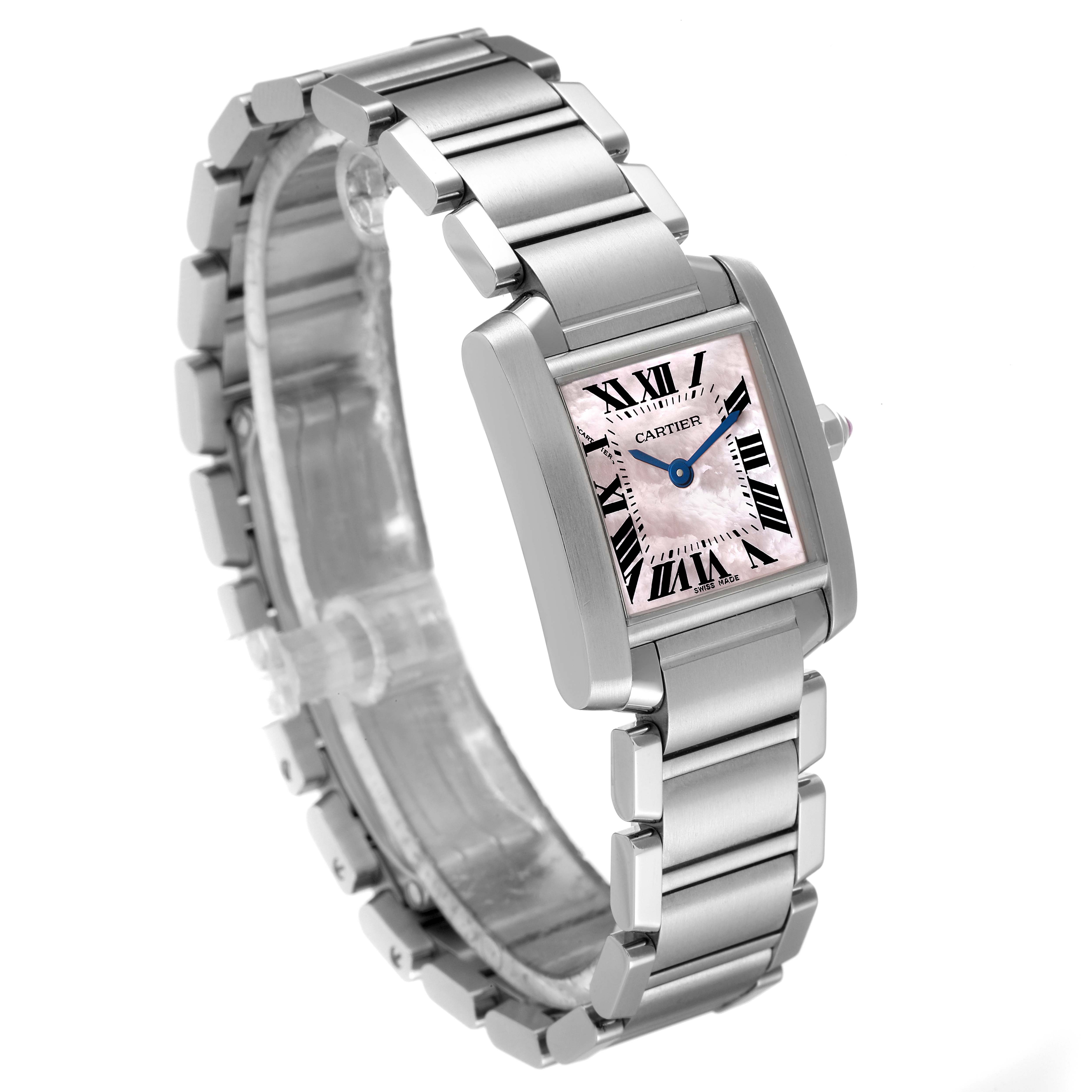 The image shows a Cartier Tank Française watch at a three-quarter angle, displaying its bracelet, rectangular case, and pink dial with Roman numerals.