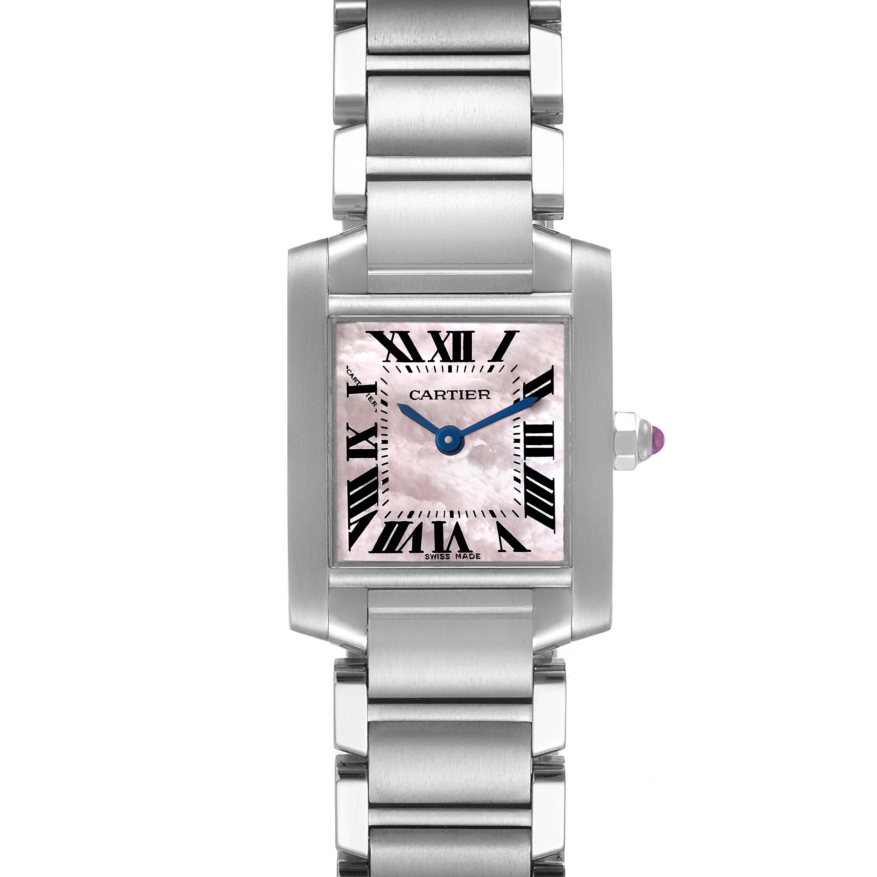 This is a front view of the dial and bracelet of a Cartier Tank Francaise W51028Q3 Women's Stainless Steel Mother of Pearl Dial W51028Q3 Women's Stainless Steel Mother of Pearl Dial watch.