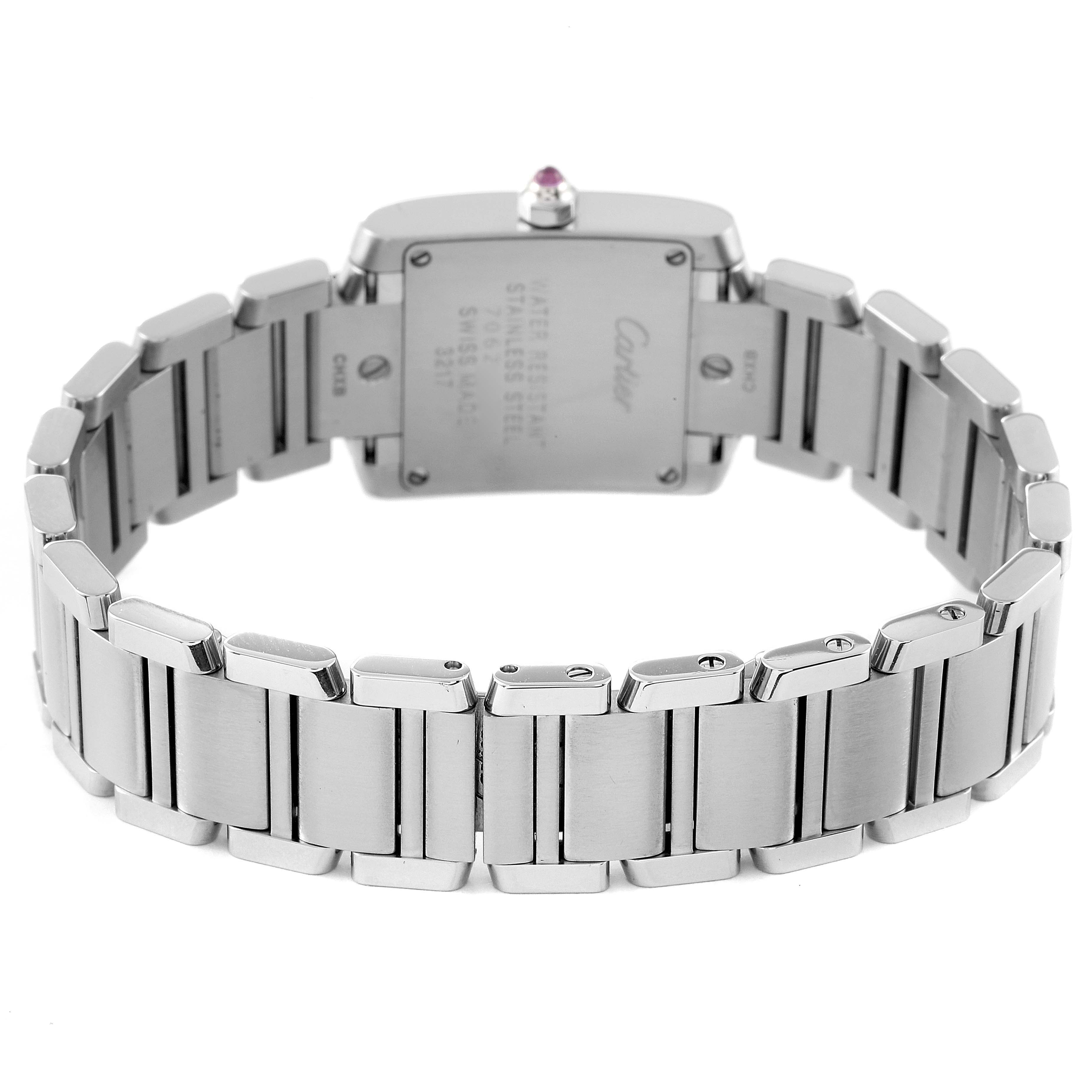 The image shows the back and bracelet of a Cartier Tank Francaise W51028Q3 Women's Stainless Steel Mother of Pearl Dial W51028Q3 Women's Stainless Steel Mother of Pearl Dial watch, highlighting the stainless steel case and links.