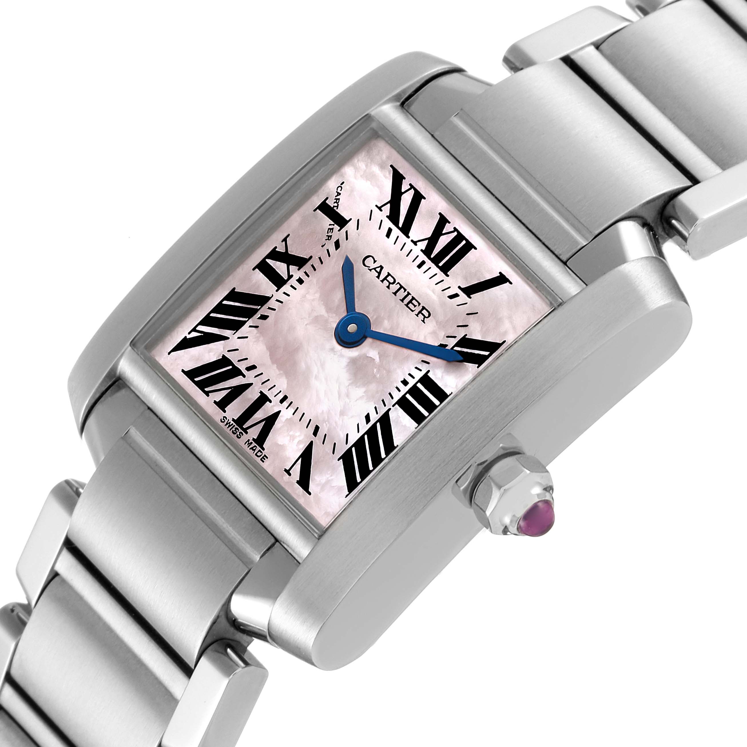 The image shows a Cartier Tank Francaise W51028Q3 Women's Stainless Steel Mother of Pearl Dial W51028Q3 Women's Stainless Steel Mother of Pearl Dial watch at a slight angle, highlighting the face, bracelet, and crown with a gemstone.