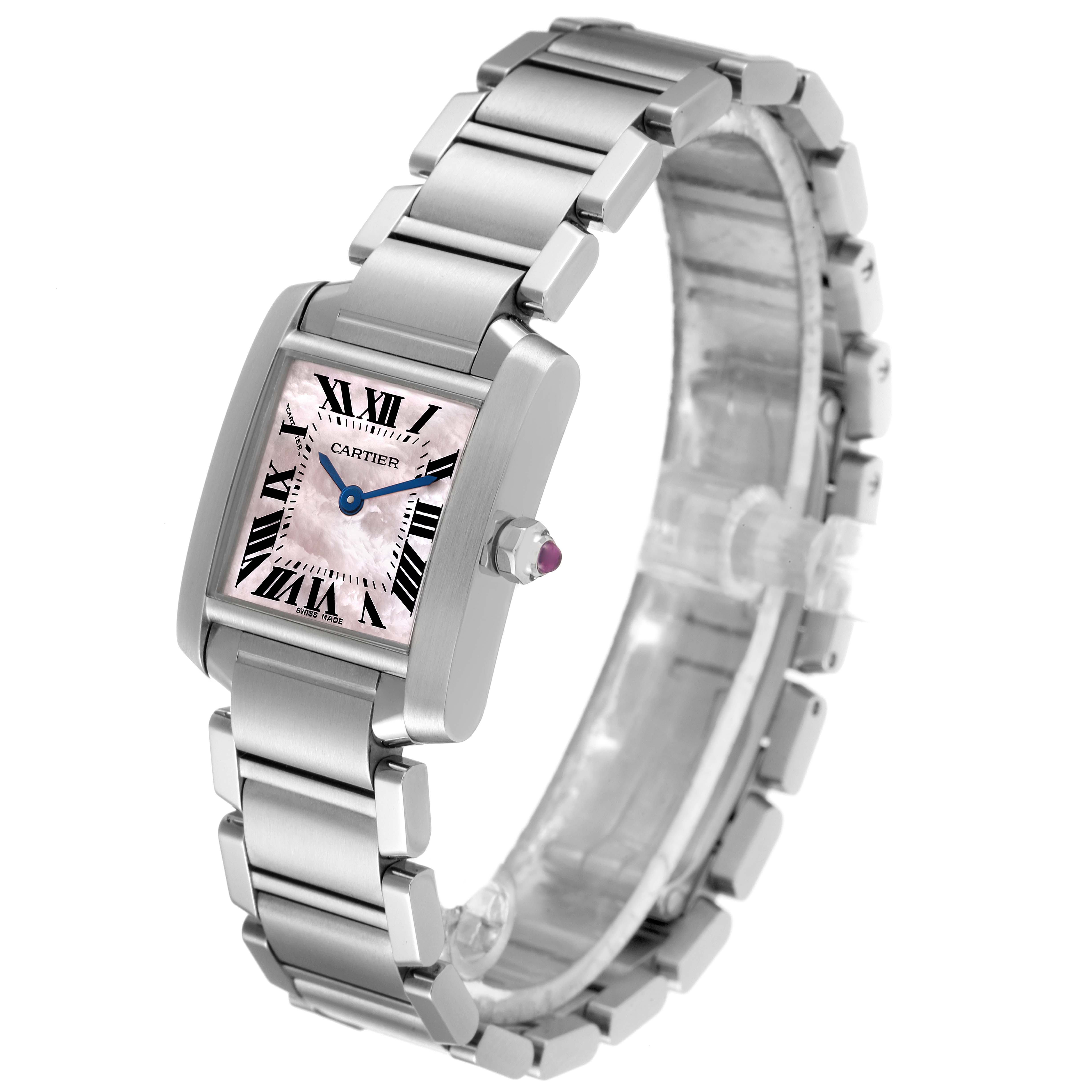 The Cartier Tank Francaise W51028Q3 Women's Stainless Steel Mother of Pearl Dial W51028Q3 Women's Stainless Steel Mother of Pearl Dial watch is shown at a three-quarter angle, displaying the face, bracelet, and crown.