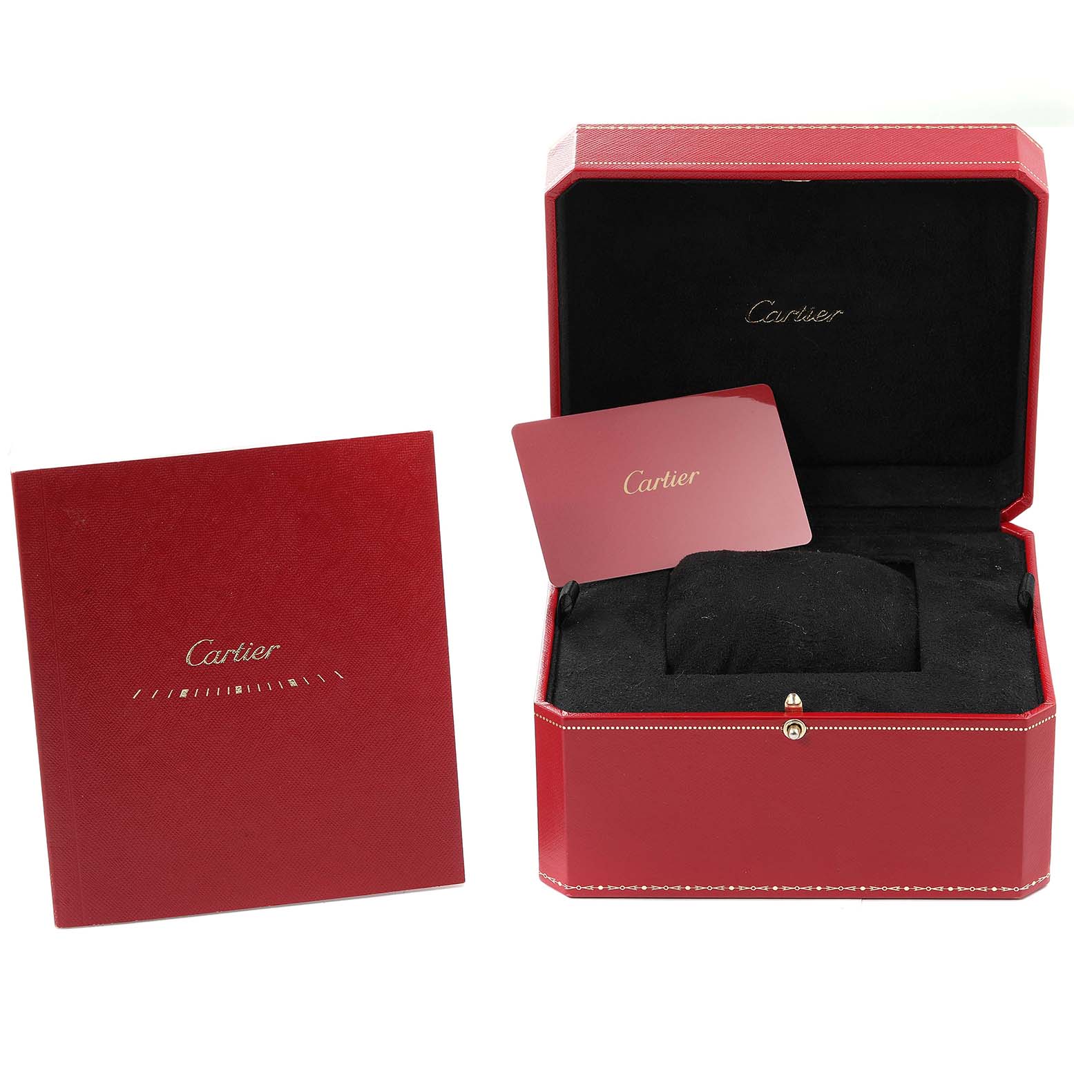 The image shows a Cartier Tank Francaise W51028Q3 Women's Stainless Steel Mother of Pearl Dial W51028Q3 Women's Stainless Steel Mother of Pearl Dial watch box, a red booklet, and a red card, all angled front-facing.