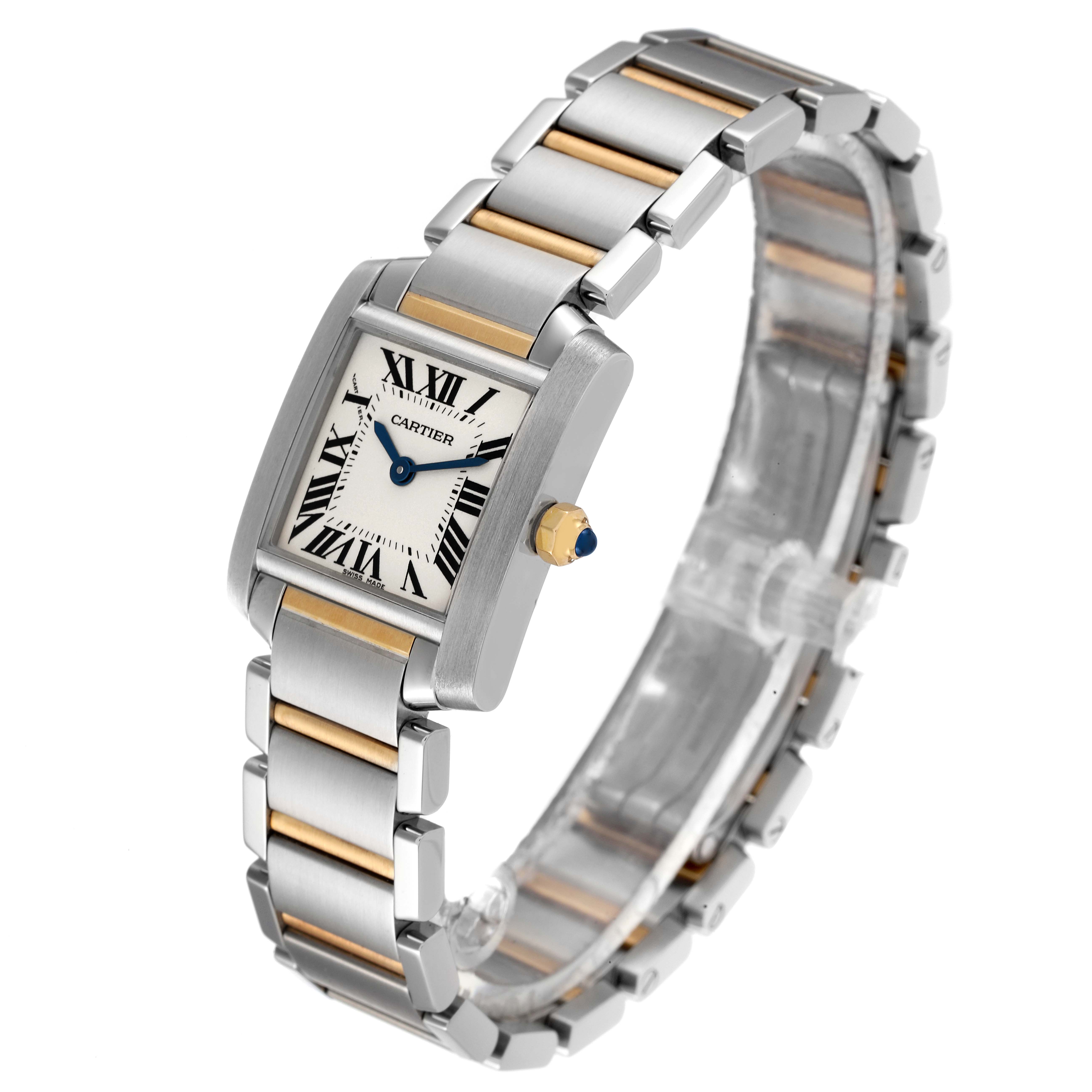 The image shows a Cartier Tank Francaise W51007Q4 Women's Steel and Gold (two tone) Silver Dial W51007Q4 Women's Steel and Gold (two tone) Silver Dial watch at a side angle, highlighting the dial, bezel, crown, and two-tone bracelet.