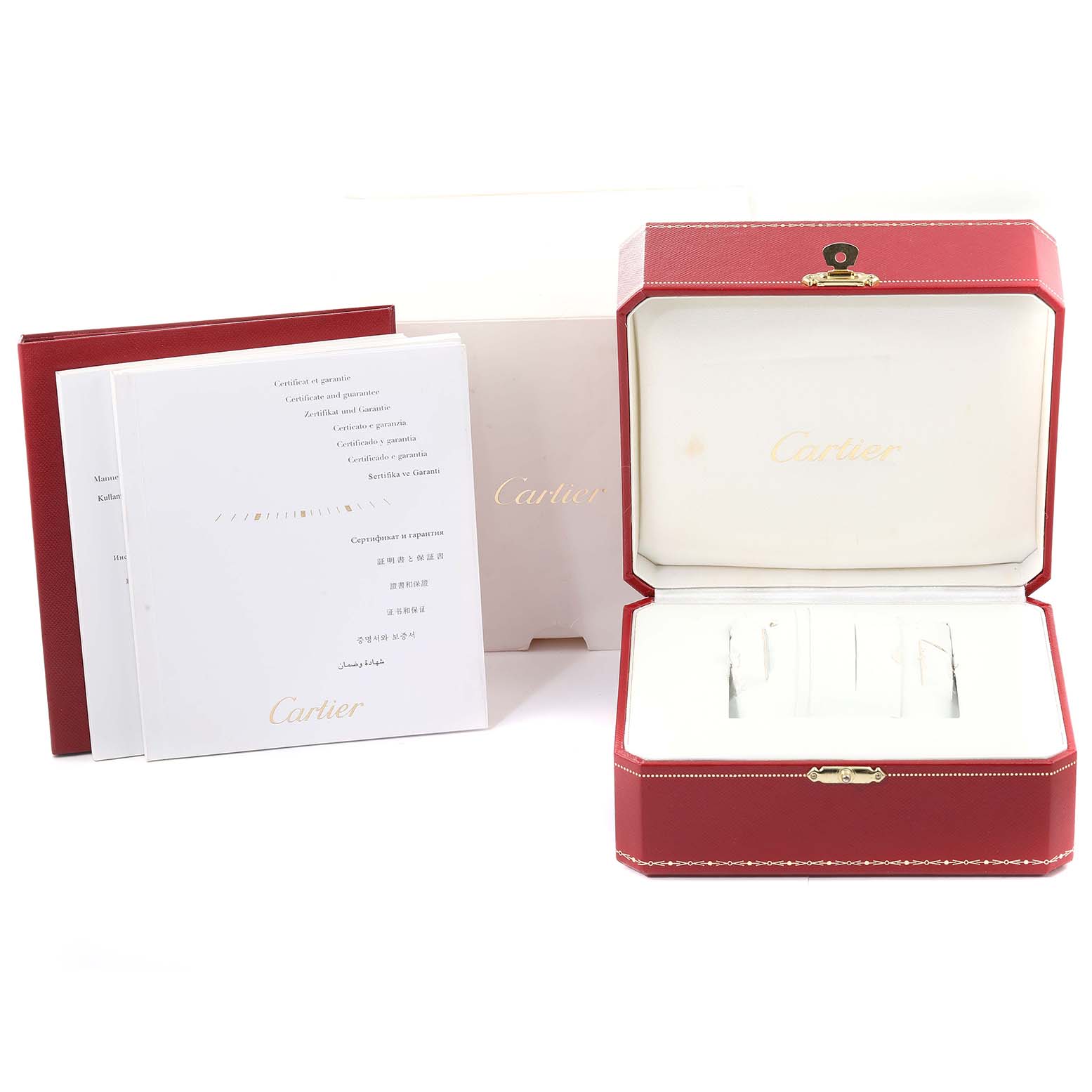The image shows the packaging, including an open box and documentation, for a Cartier Tank Francaise W51007Q4 Women's Steel and Gold (two tone) Silver Dial W51007Q4 Women's Steel and Gold (two tone) Silver Dial watch.