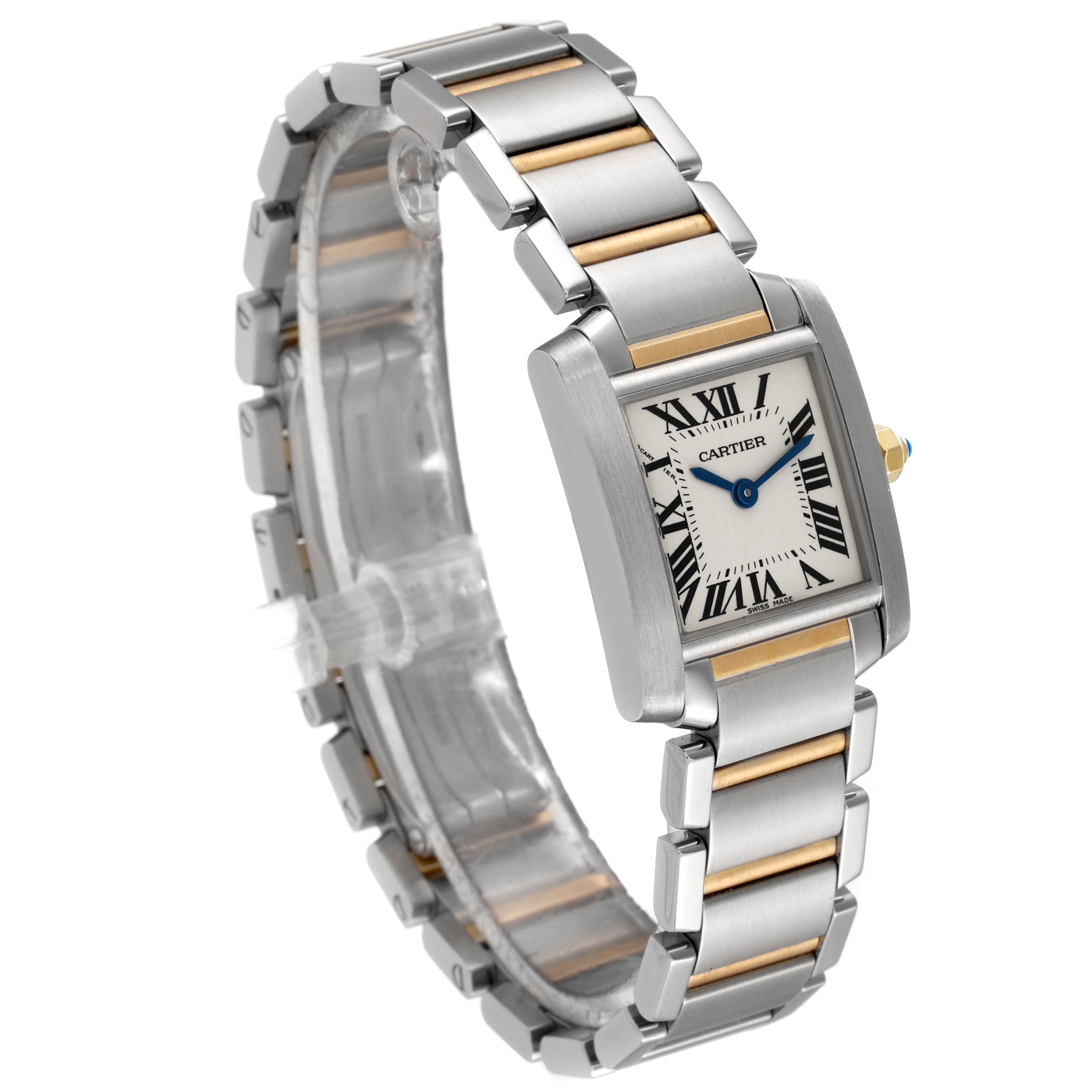 The Cartier Tank Francaise W51007Q4 Women's Steel and Gold (two tone) Silver Dial W51007Q4 Women's Steel and Gold (two tone) Silver Dial model is shown at an angle, highlighting its rectangular face, Roman numerals, and two-tone metal bracelet.