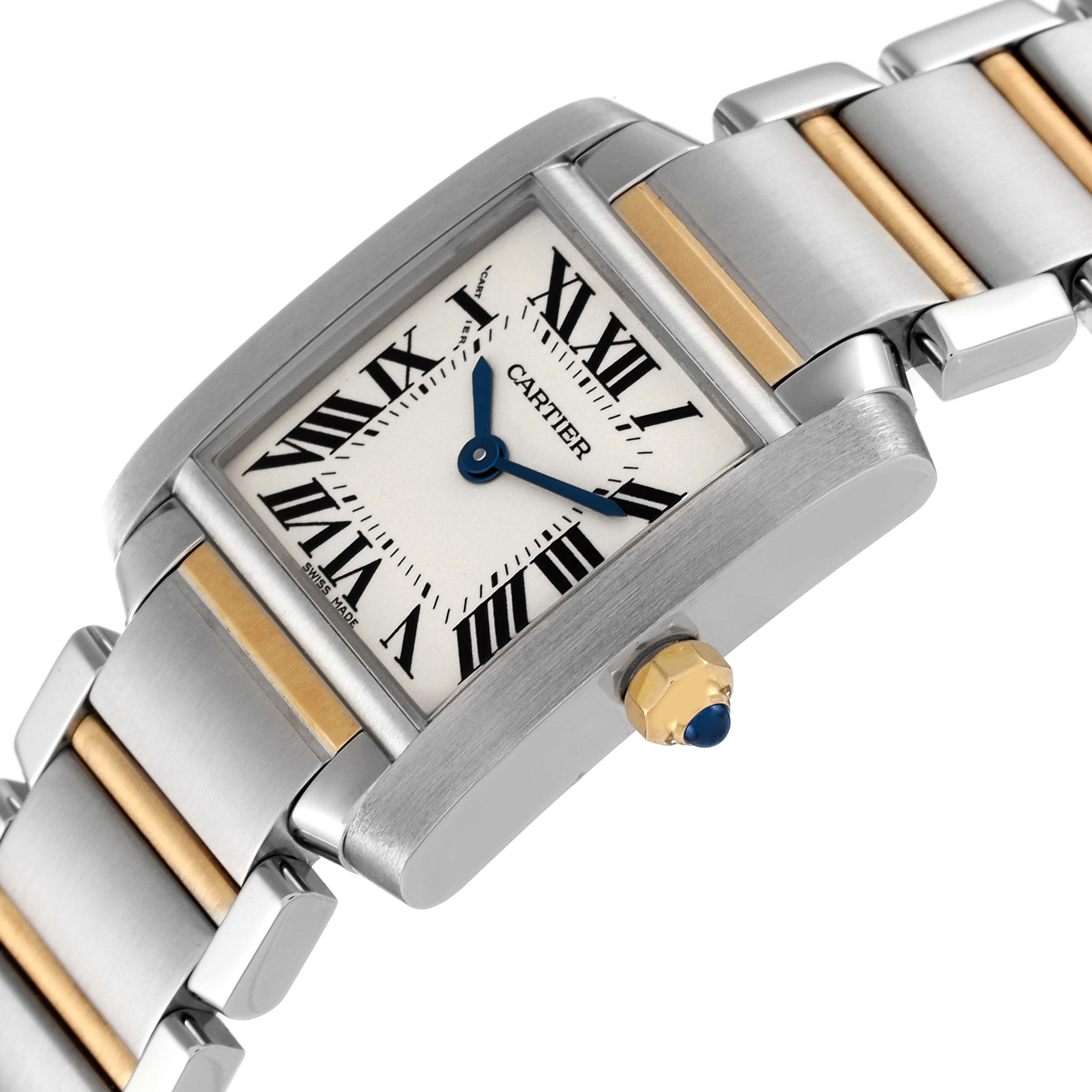 The image shows a side angle of the Cartier Tank Francaise W51007Q4 Women's Steel and Gold (two tone) Silver Dial W51007Q4 Women's Steel and Gold (two tone) Silver Dial watch, highlighting its bracelet, crown, and rectangular dial.