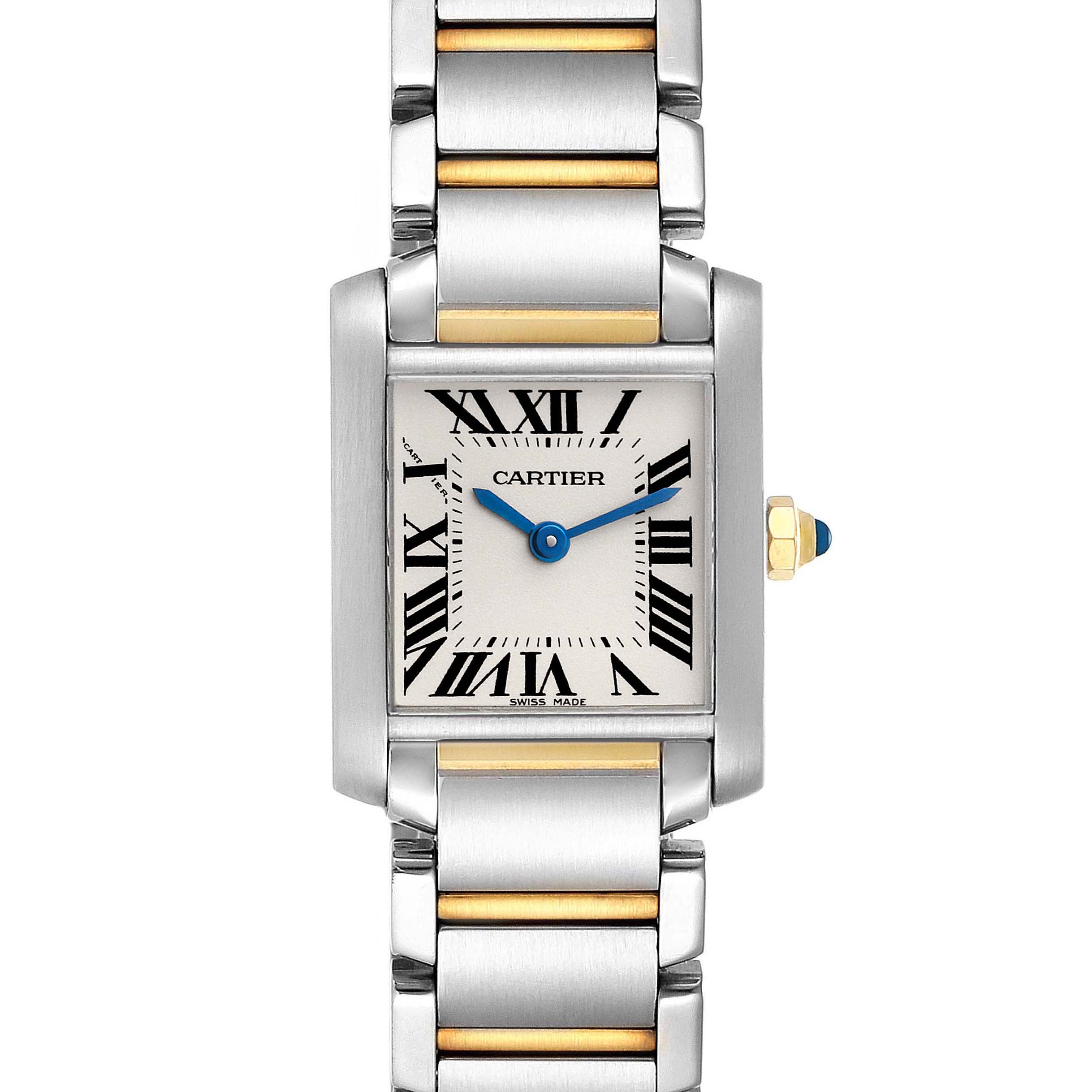 The image shows a front view of the Cartier Tank Francaise W51007Q4 Women's Steel and Gold (two tone) Silver Dial W51007Q4 Women's Steel and Gold (two tone) Silver Dial watch, highlighting its rectangular face and metal bracelet.