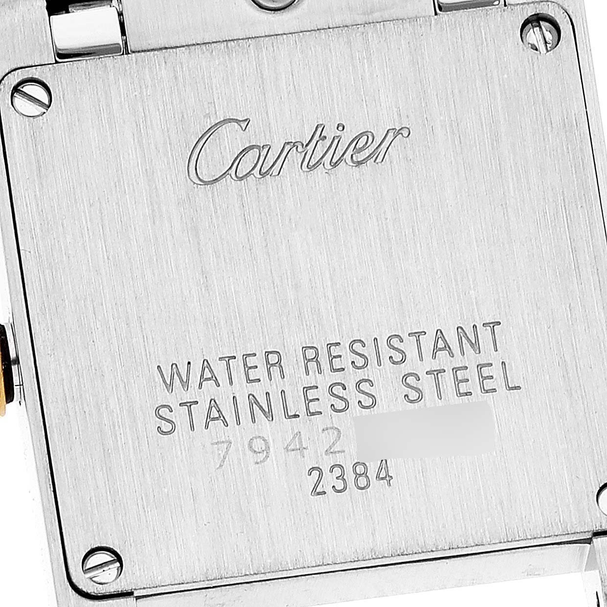 This image shows the back case of the Cartier Tank Francaise W51007Q4 Women's Steel and Gold (two tone) Silver Dial W51007Q4 Women's Steel and Gold (two tone) Silver Dial watch, highlighting its stainless steel material and water resistance.