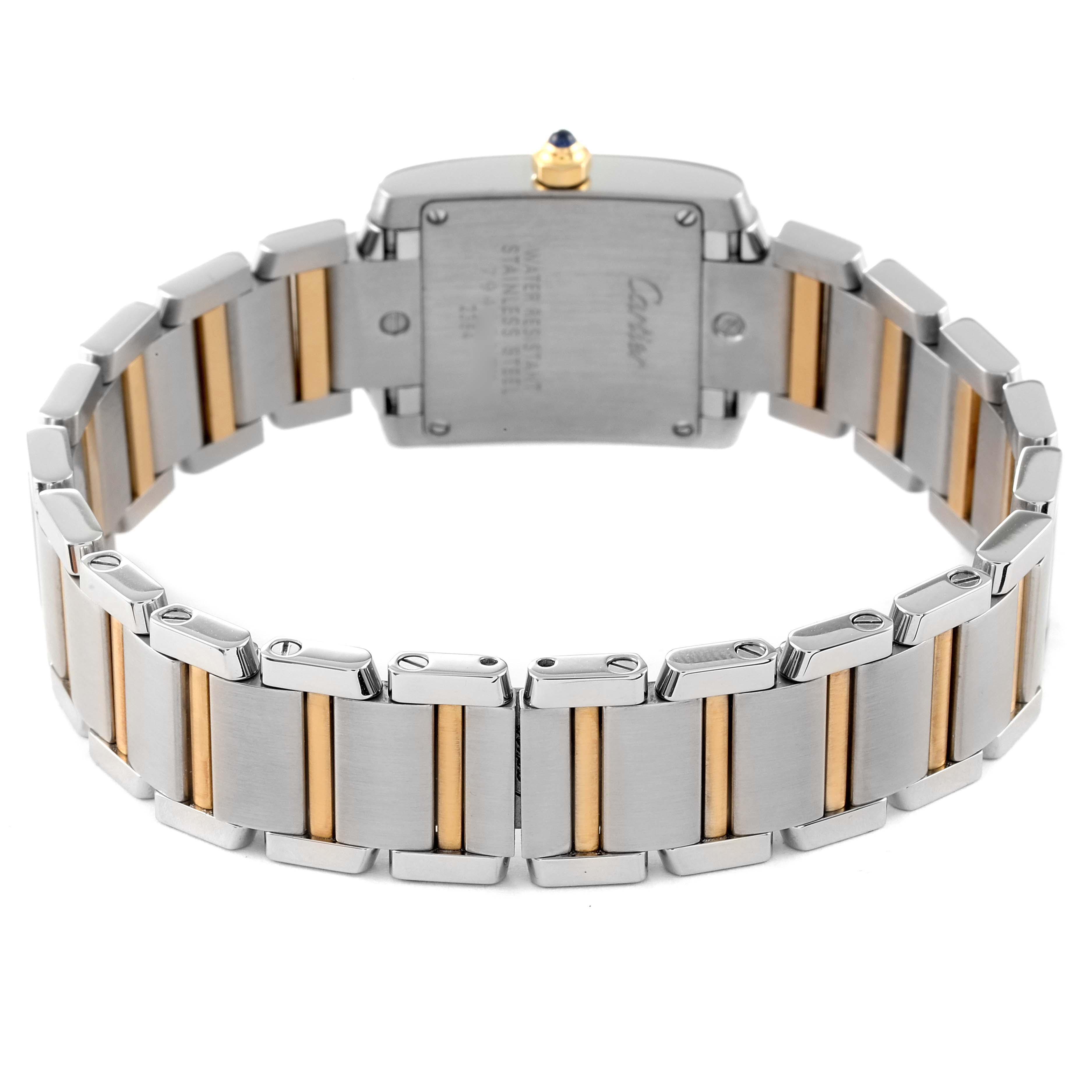 The image shows the back view and bracelet of a Cartier Tank Francaise W51007Q4 Women's Steel and Gold (two tone) Silver Dial W51007Q4 Women's Steel and Gold (two tone) Silver Dial watch, highlighting its two-tone metal links and case back.