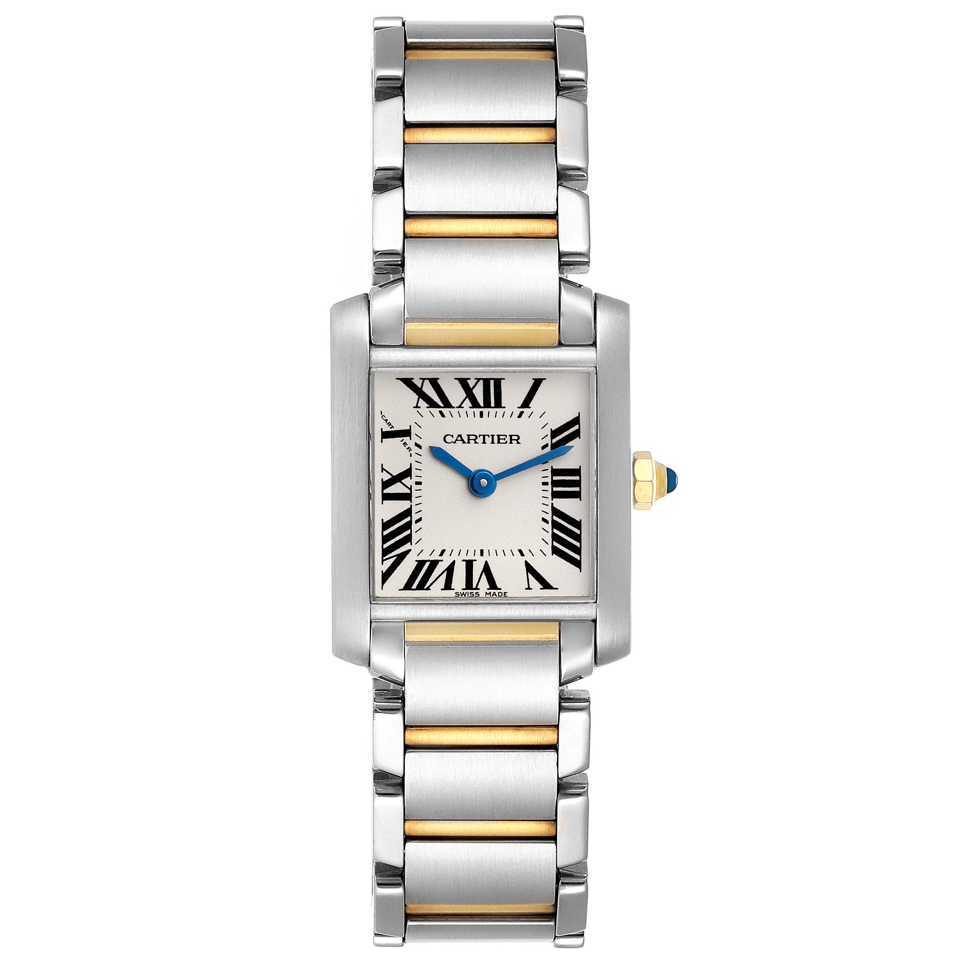The image shows a frontal view of the Cartier Tank Française watch, highlighting its rectangular face, Roman numerals, and two-tone bracelet.