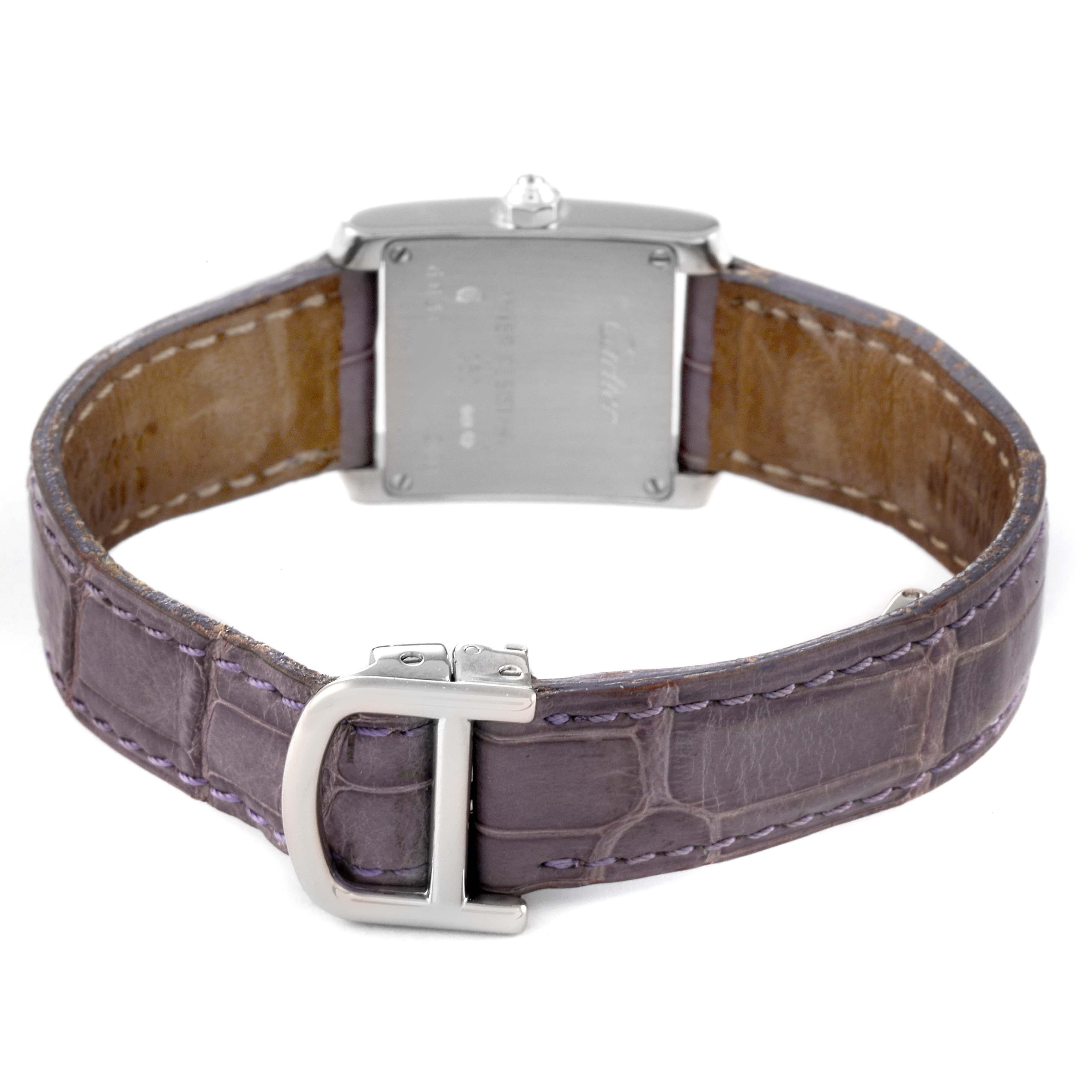 The image shows the back and clasp of a Cartier Tank Française model with a purple alligator leather strap.