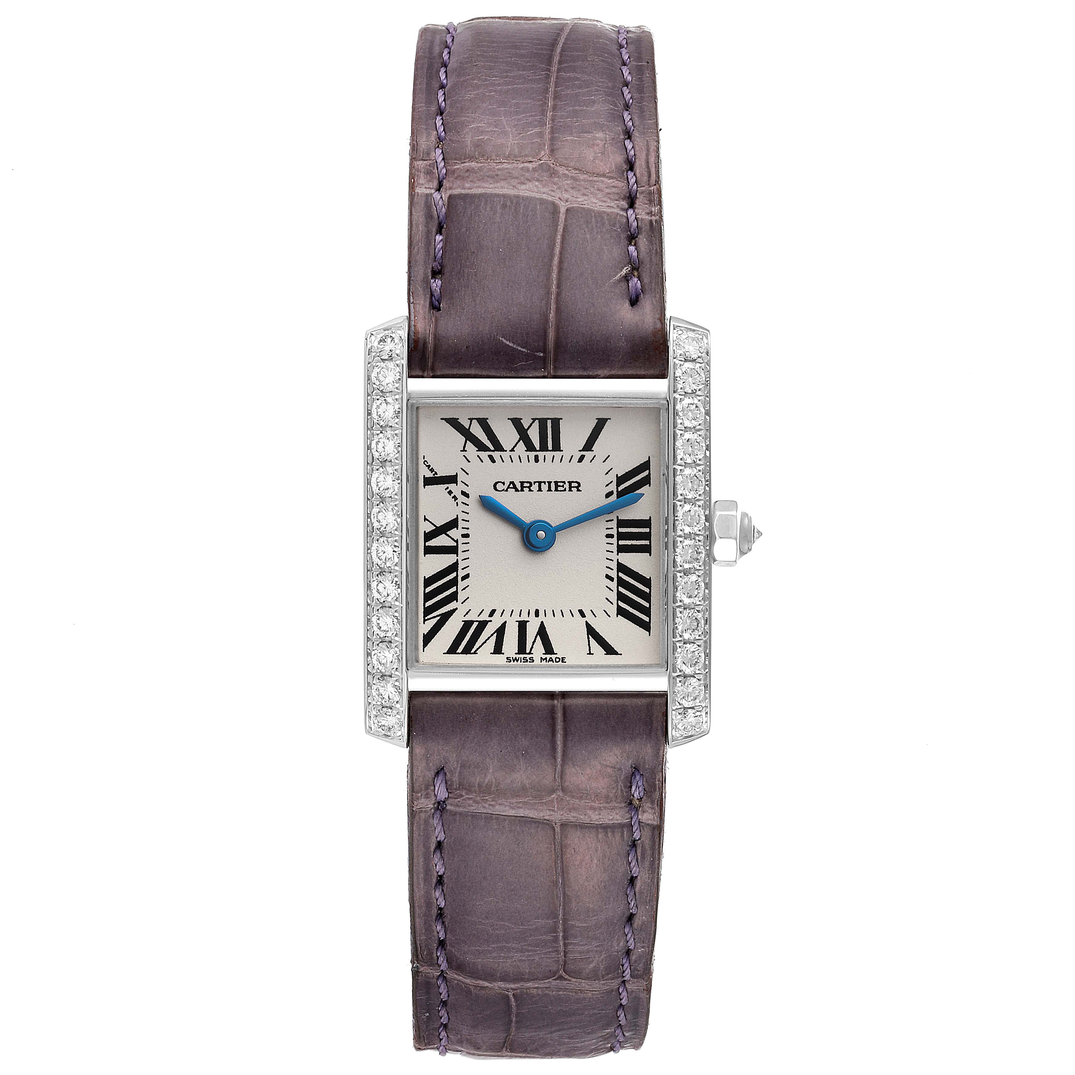 The image shows a front view of the Cartier Tank Francaise WE100251 Women's White Gold Silver Dial WE100251 Women's White Gold Silver Dial watch featuring a purple leather strap and diamond accents on the case.
