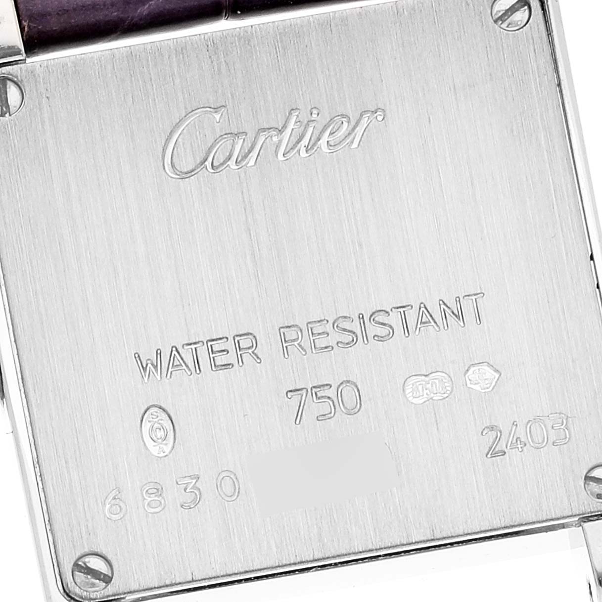 This image shows the back case of a Cartier Tank Francaise WE100251 Women's White Gold Silver Dial WE100251 Women's White Gold Silver Dial watch, displaying engravings including "WATER RESISTANT" and "750".