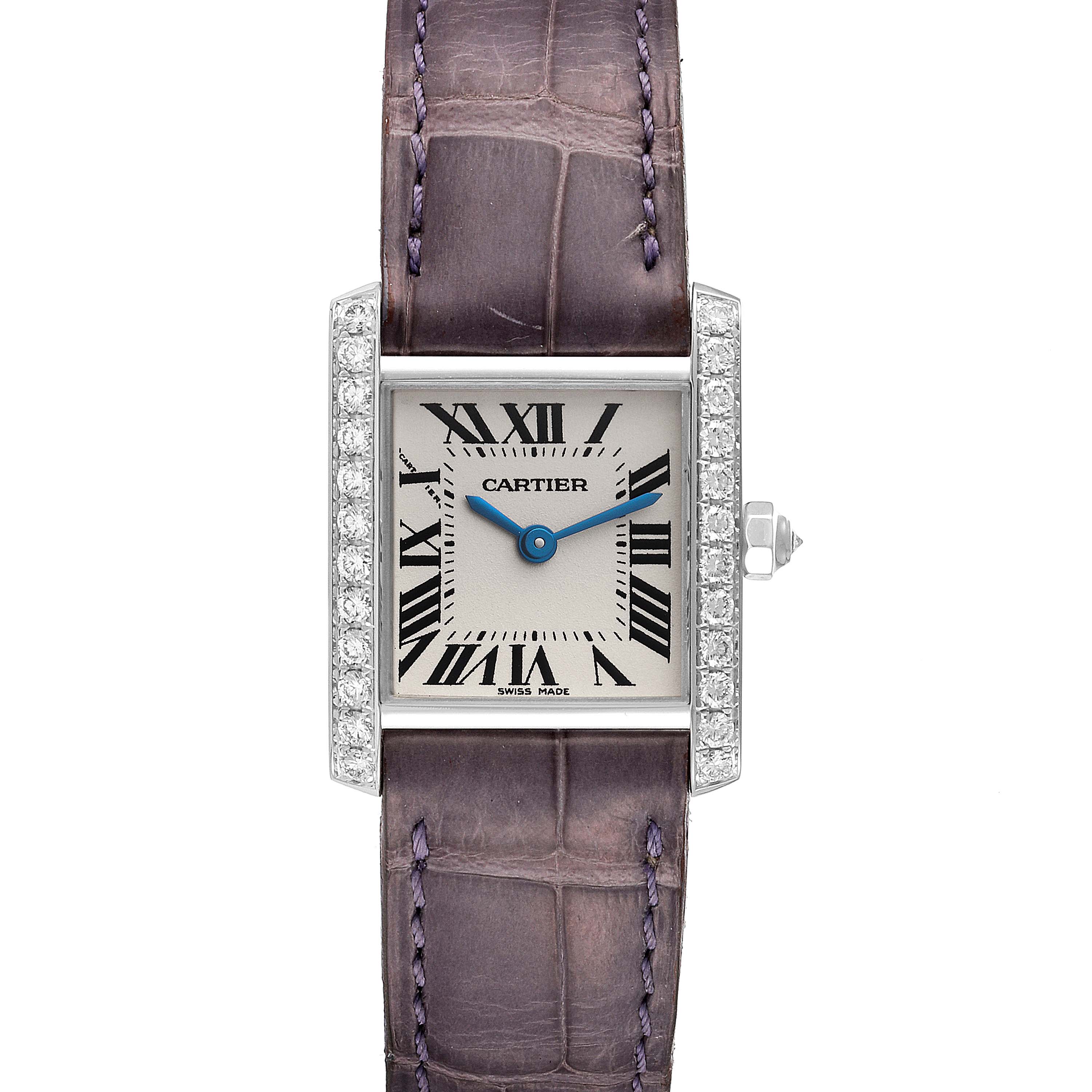 This image shows a frontal view of the Cartier Tank Francaise WE100251 Women's White Gold Silver Dial WE100251 Women's White Gold Silver Dial watch, displaying its face, bezel, strap, and side crown.