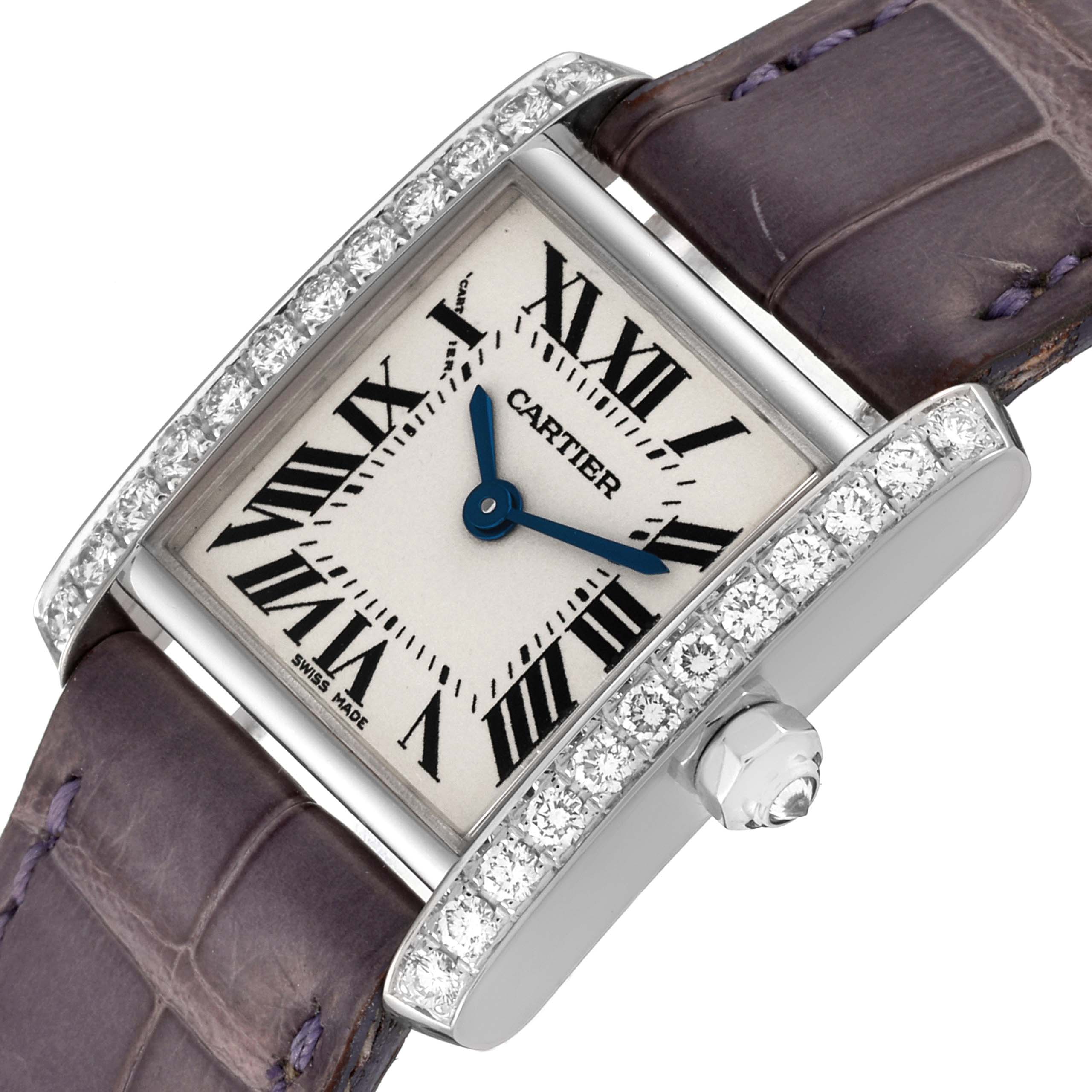 The Cartier Tank Francaise WE100251 Women's White Gold Silver Dial WE100251 Women's White Gold Silver Dial watch is shown at an angled close-up, displaying the diamond-encrusted bezel, dial, and leather strap.