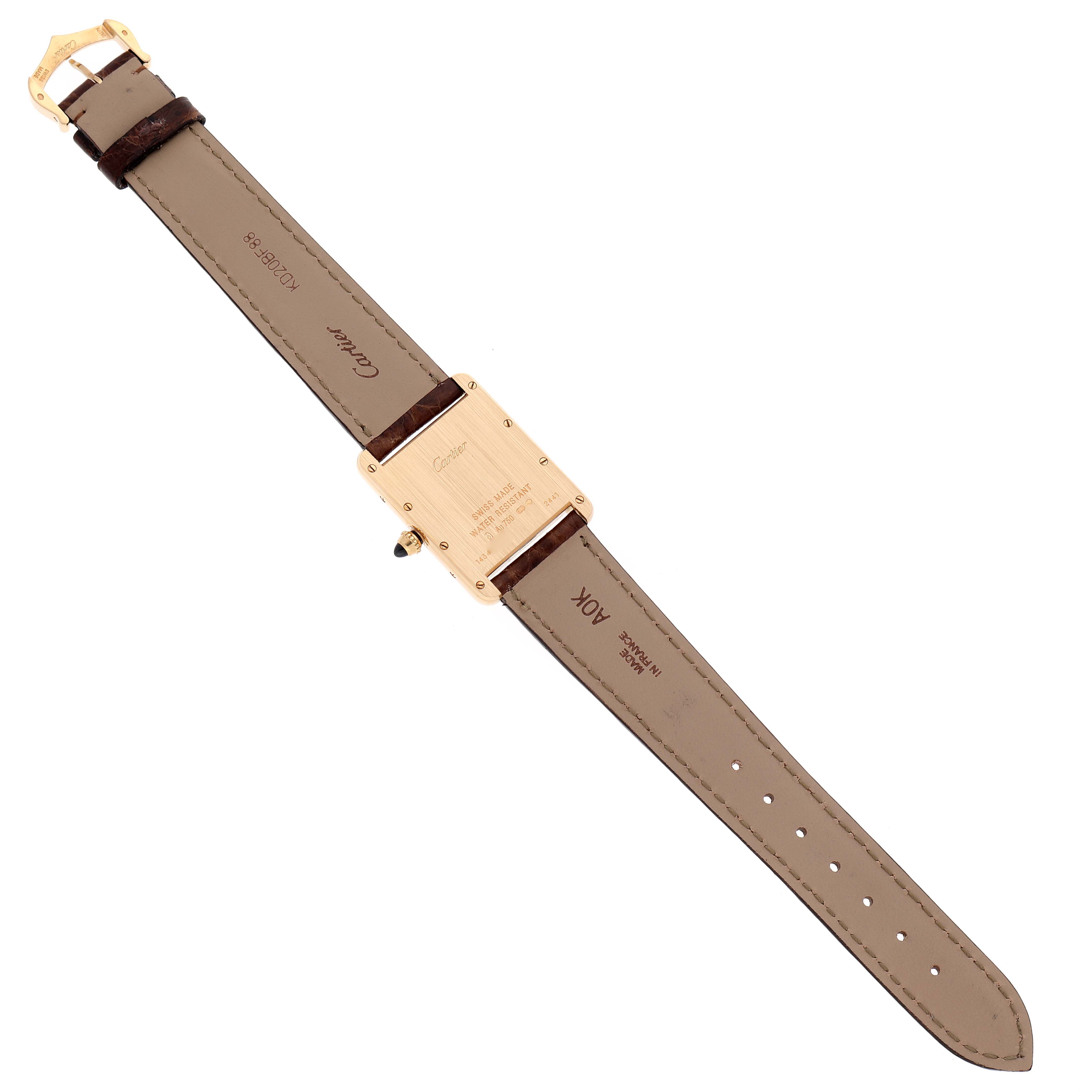 The image shows the back of the Cartier Tank Louis W1529756 Men
s Yellow Gold Silver Dial W1529756 Men
s Yellow Gold Silver Dial watch, displaying the strap, case back, and buckle.